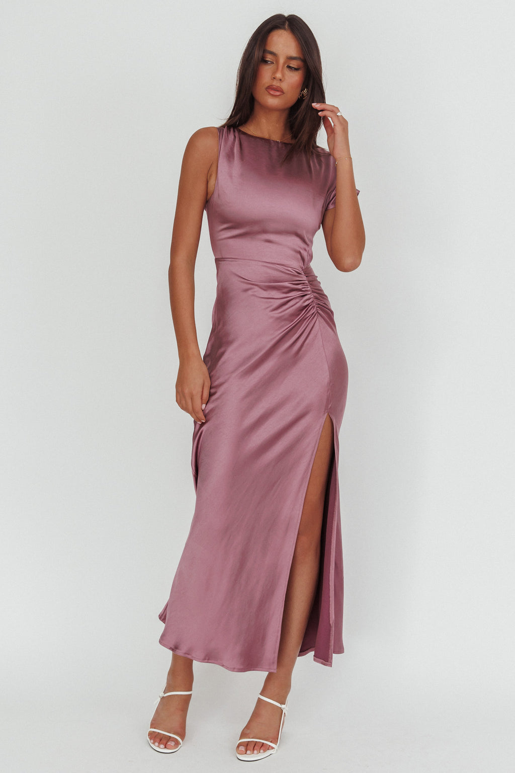 Larelle One-Sleeve Front Split Maxi Dress Grape by Selfie Leslie