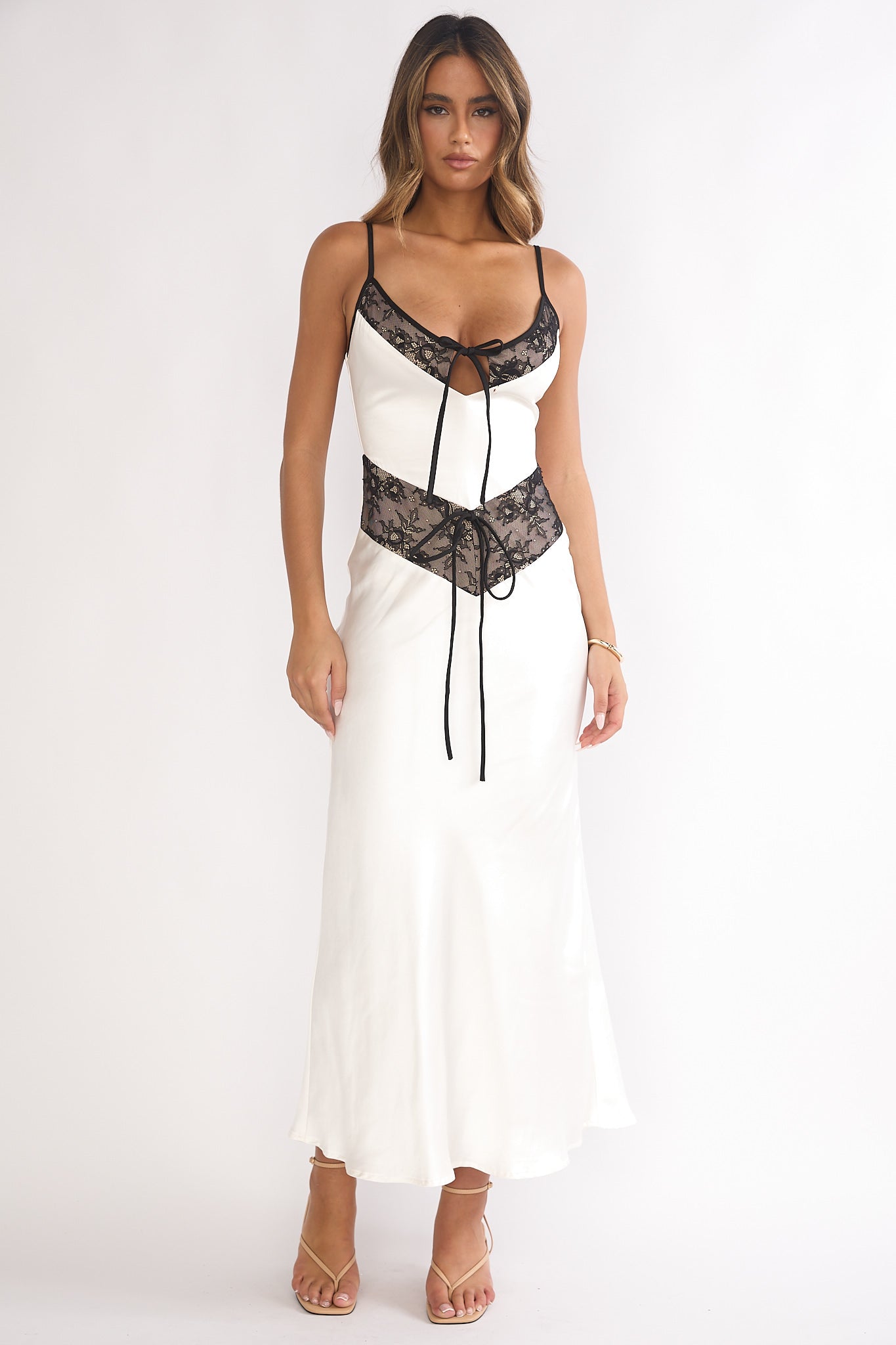 Luna Dolce Lace Trim Tie Maxi Dress Oyster Luna Dolce Lace Trim Tie Maxi Dress Oyster