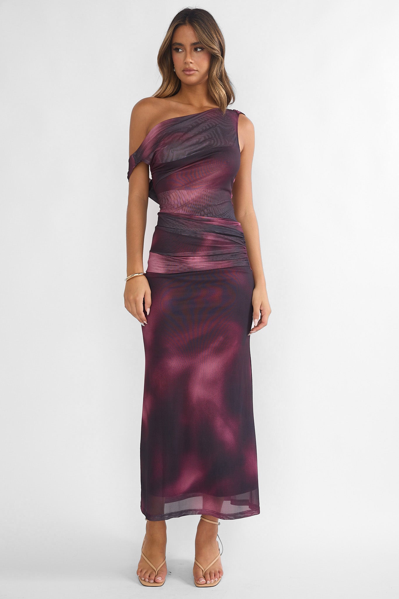 Saffra Shoulder Sash Ruched Maxi Dress Print Wine by Selfie Leslie