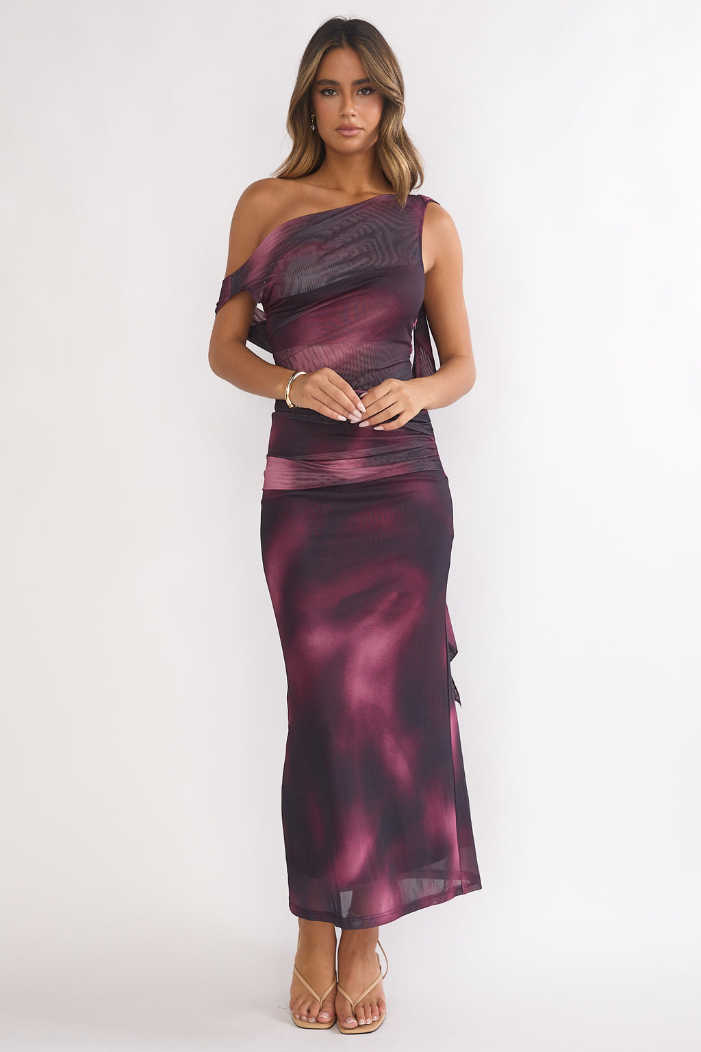 Saffra Shoulder Sash Ruched Maxi Dress Print Wine | Selfie Leslie Saffra Shoulder Sash Ruched Maxi Dress Print Wine | Selfie Leslie