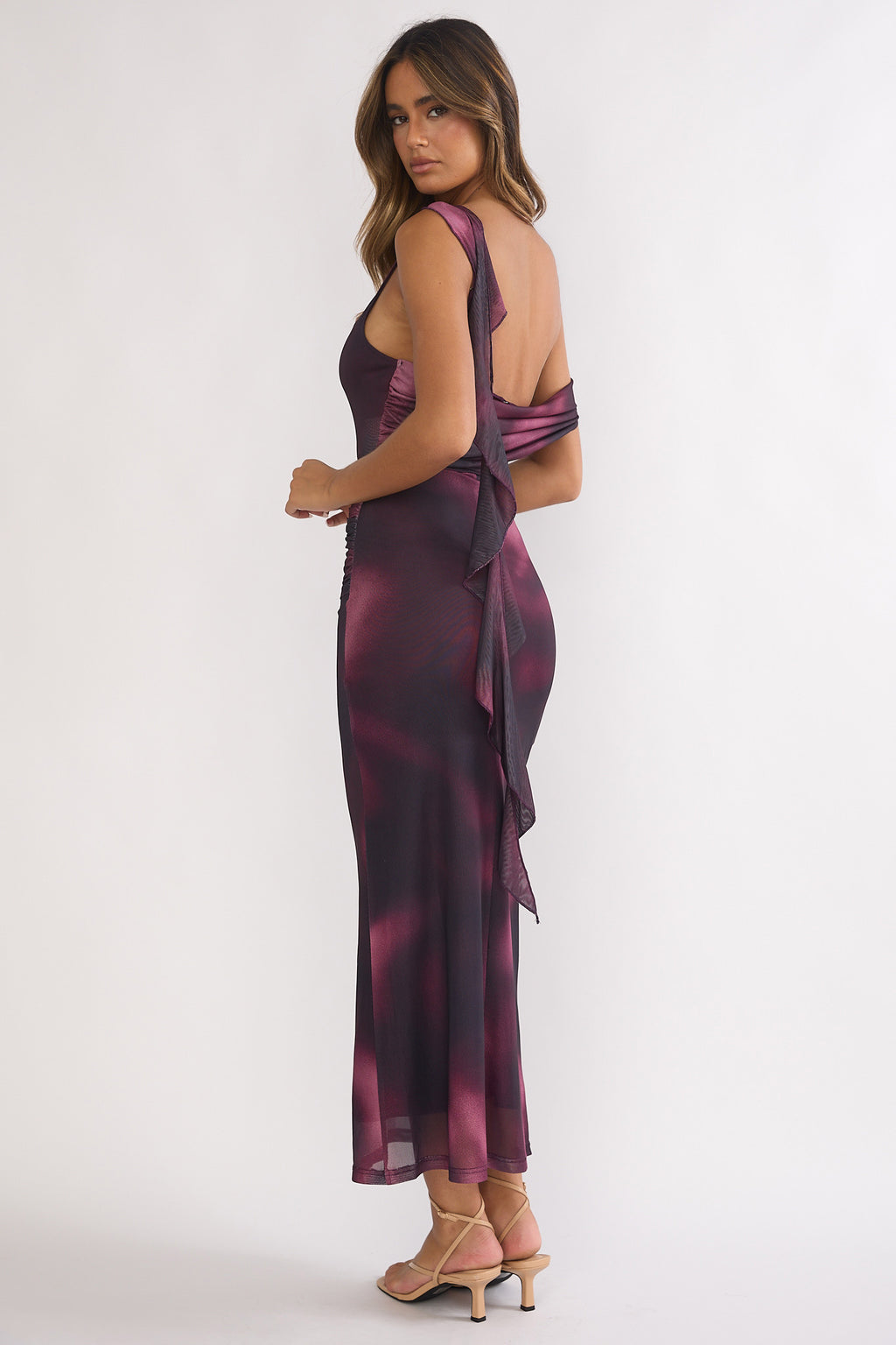 Saffra Shoulder Sash Ruched Maxi Dress Print Wine by Selfie Leslie