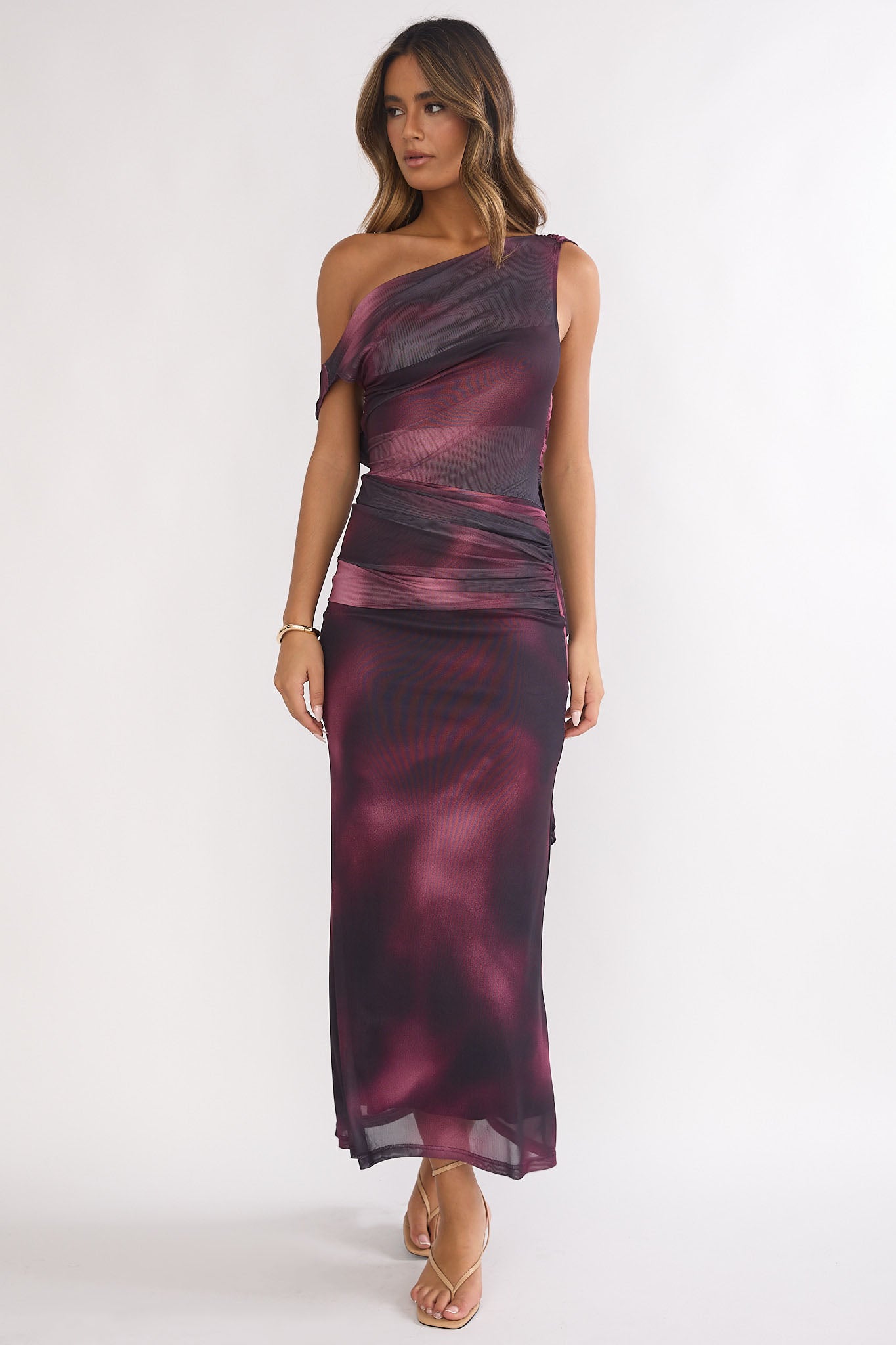 Saffra Shoulder Sash Ruched Maxi Dress Print Wine by Selfie Leslie