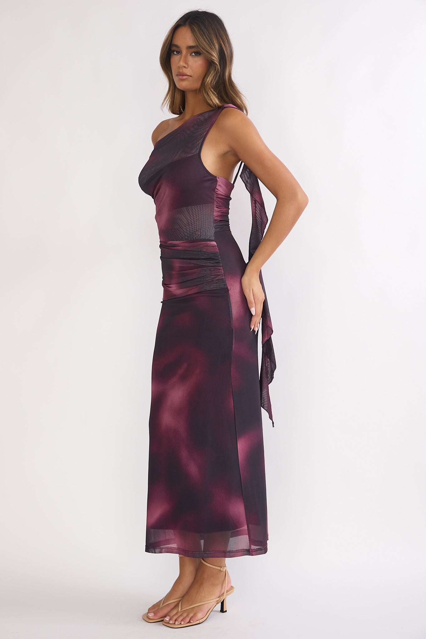 Saffra Shoulder Sash Ruched Maxi Dress Print Wine– Selfie Leslie