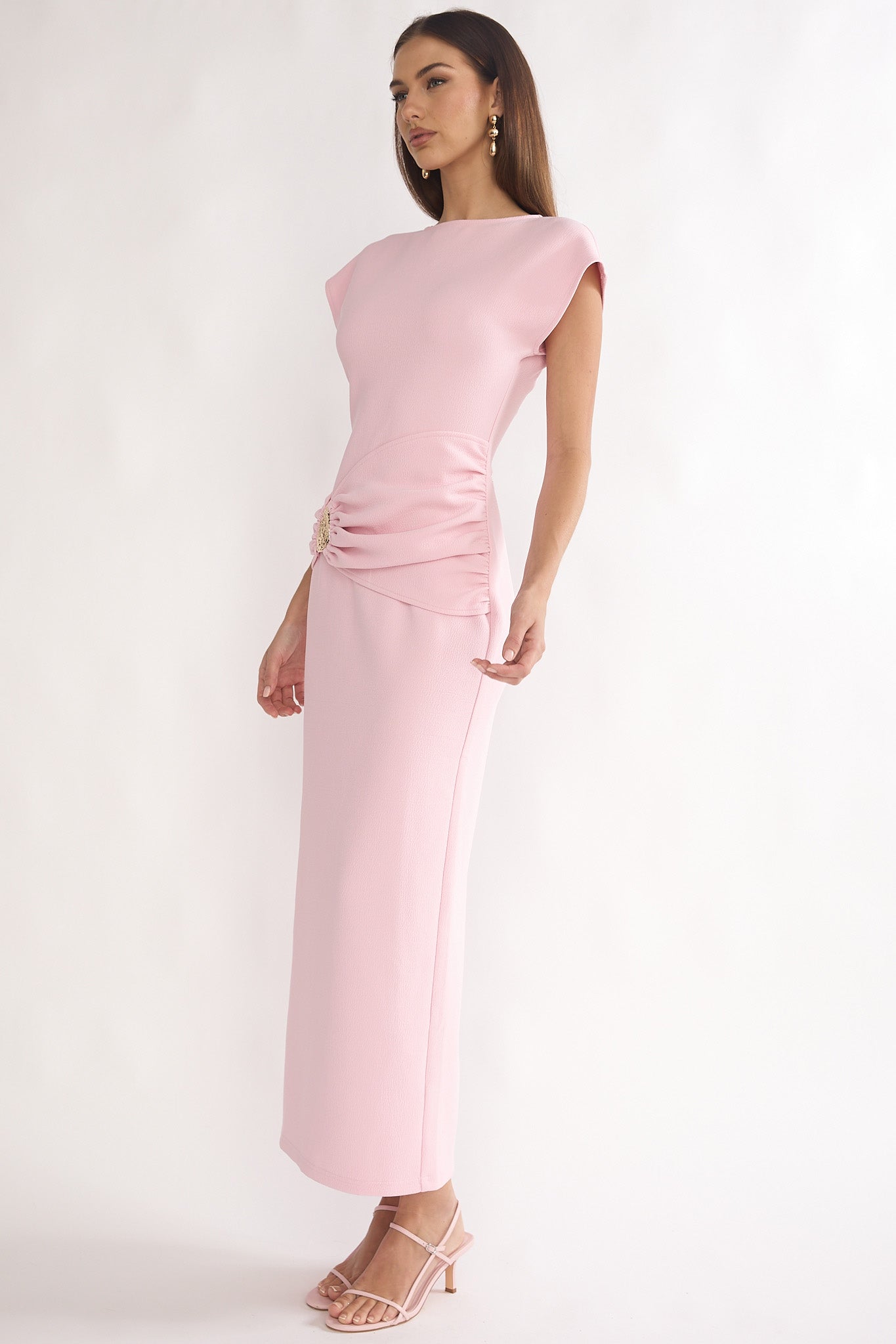 pink short sleeve maxi dress Briona Short Sleeve Buckle Maxi Dress Pink