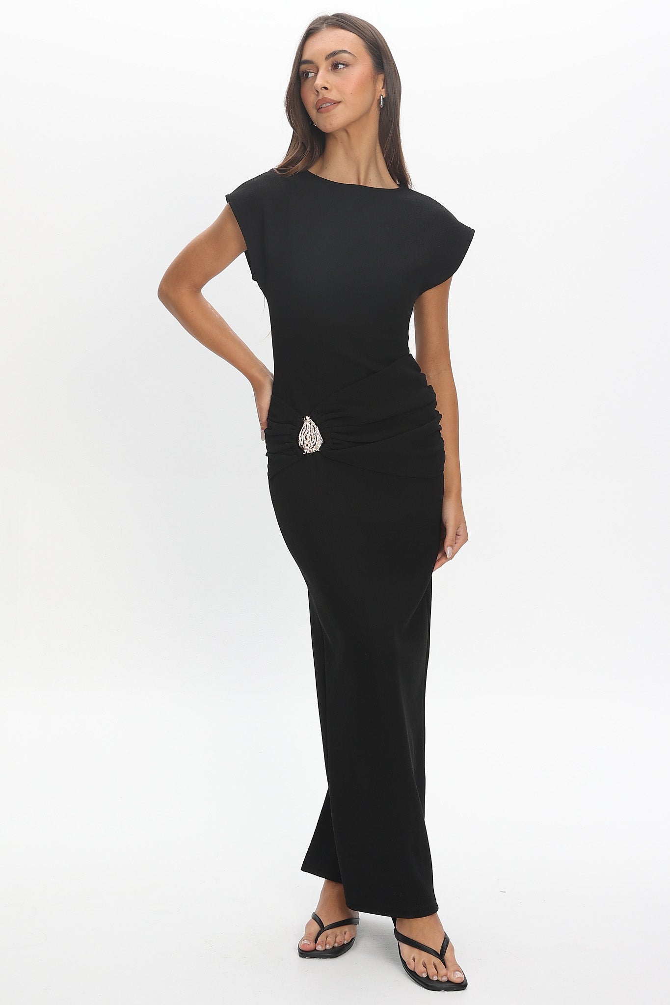 black maxi short sleeve dress Briona Short Sleeve Buckle Maxi Dress Textured Black