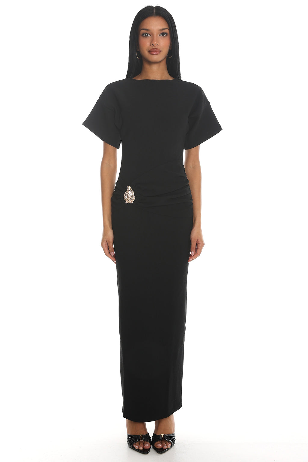 Briona Short Sleeve Buckle Maxi Dress Black by Selfie Leslie