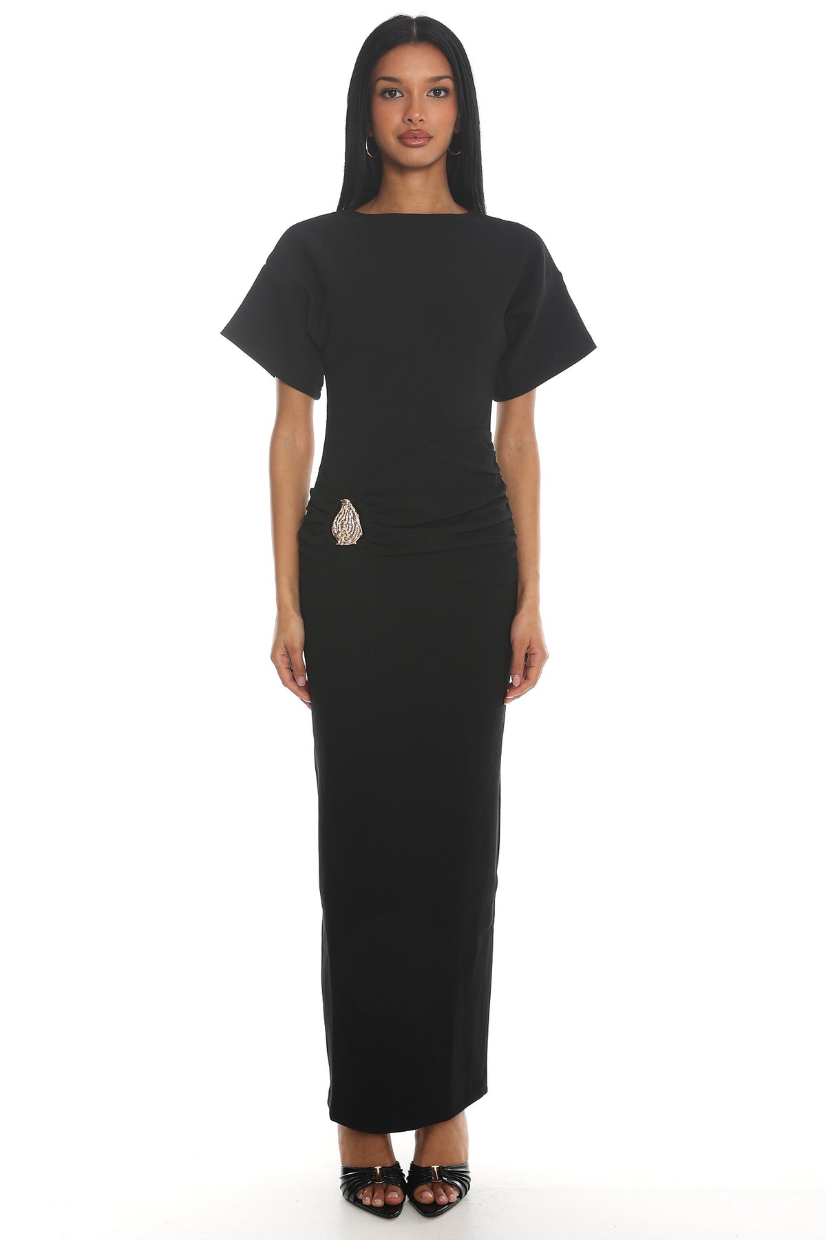 Briona Short Sleeve Buckle Maxi Dress Black by Selfie Leslie