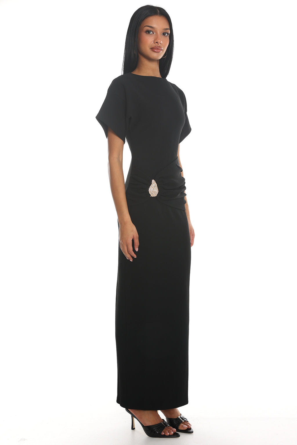 Briona Short Sleeve Buckle Maxi Dress Black by Selfie Leslie
