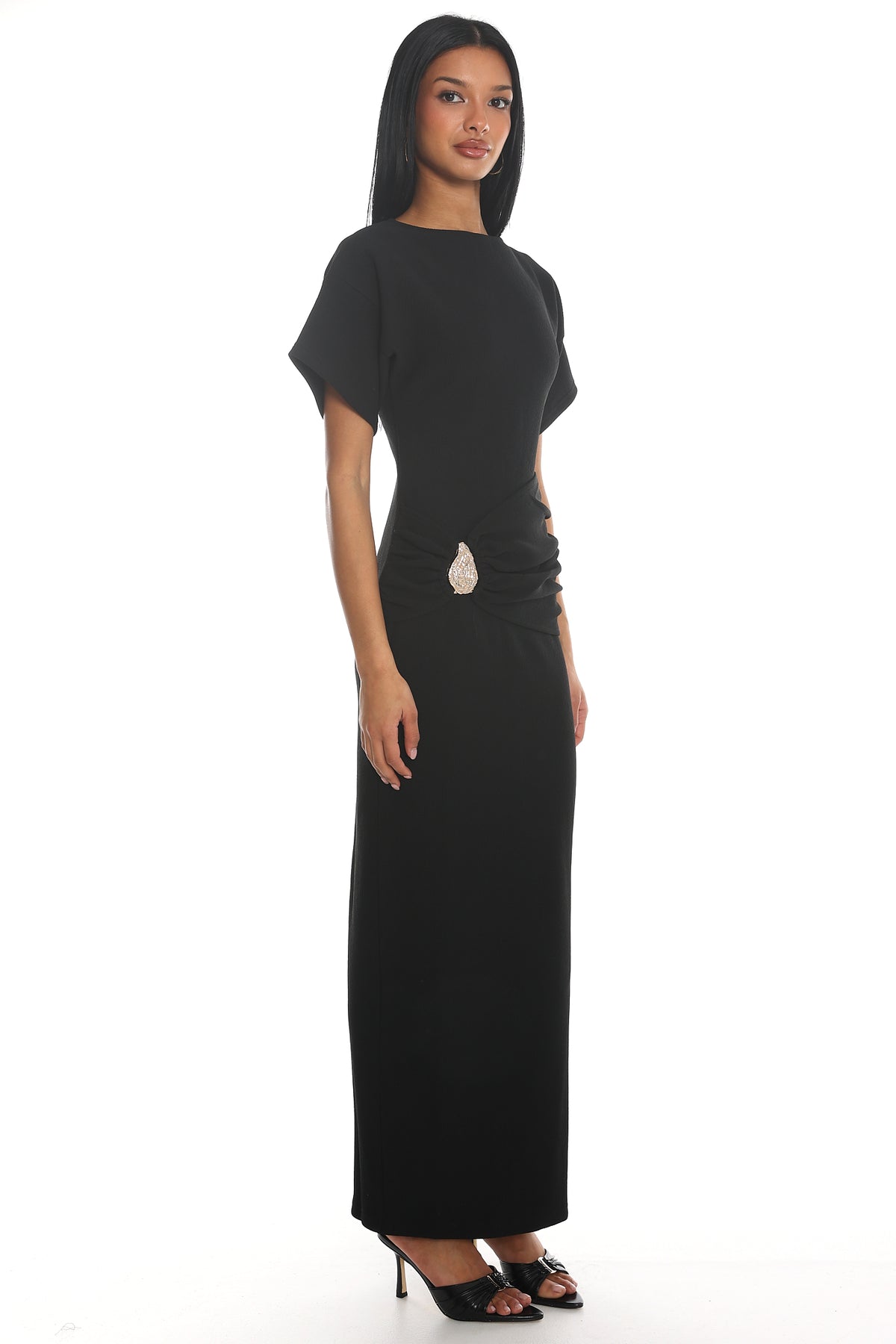 Briona Short Sleeve Buckle Maxi Dress Black by Selfie Leslie