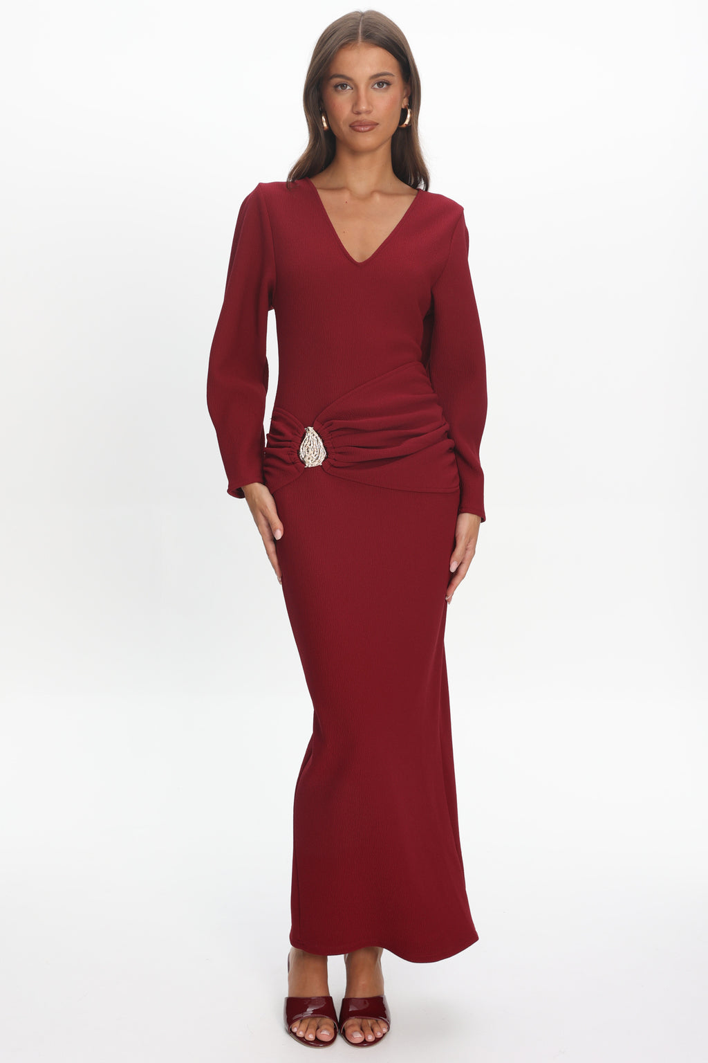 Briona Long Sleeve Buckle Maxi Dress Burgundy