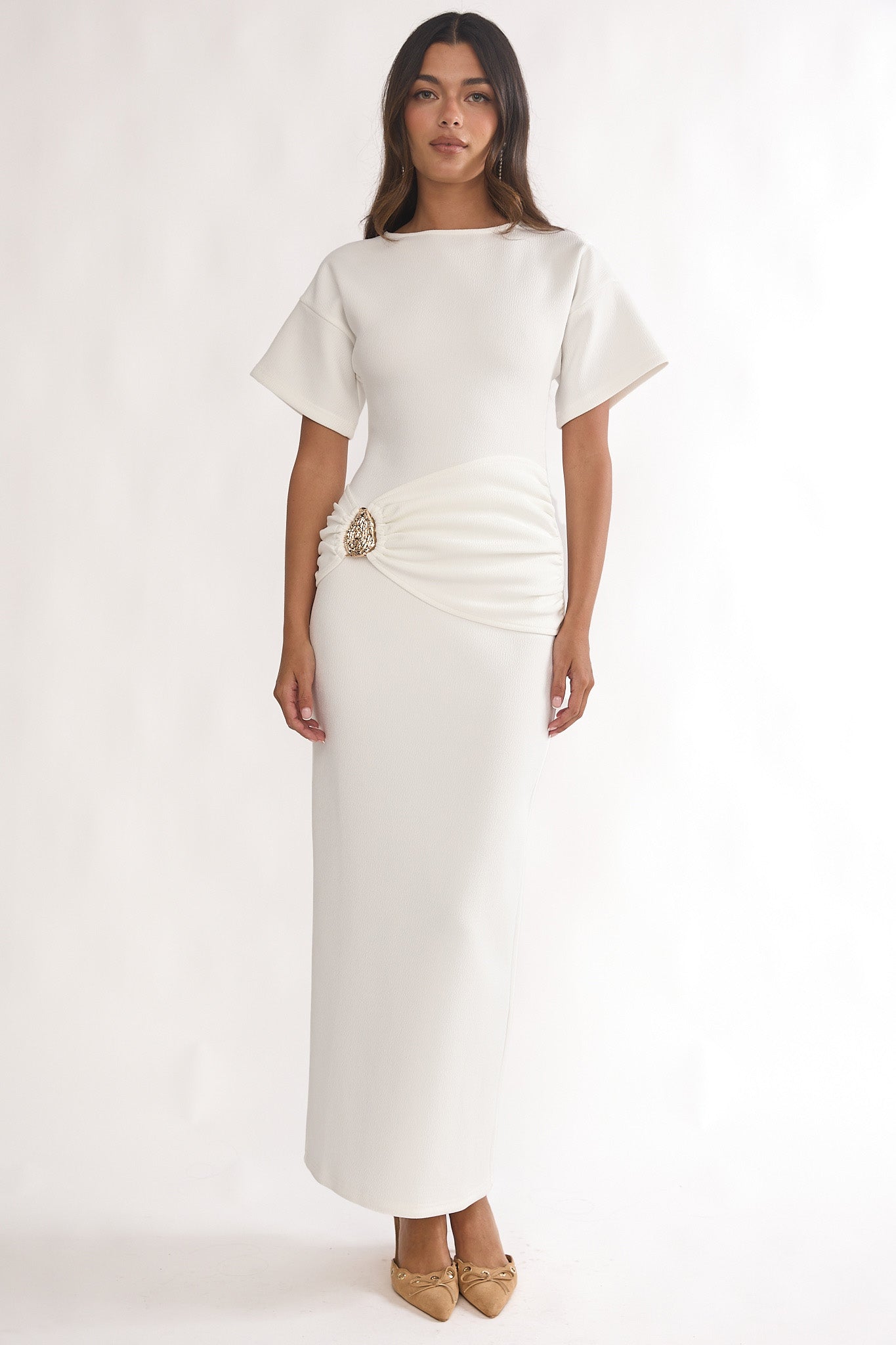 Briona Short Sleeve Buckle Maxi Dress White | Selfie Leslie Briona Short Sleeve Buckle Maxi Dress White | Selfie Leslie