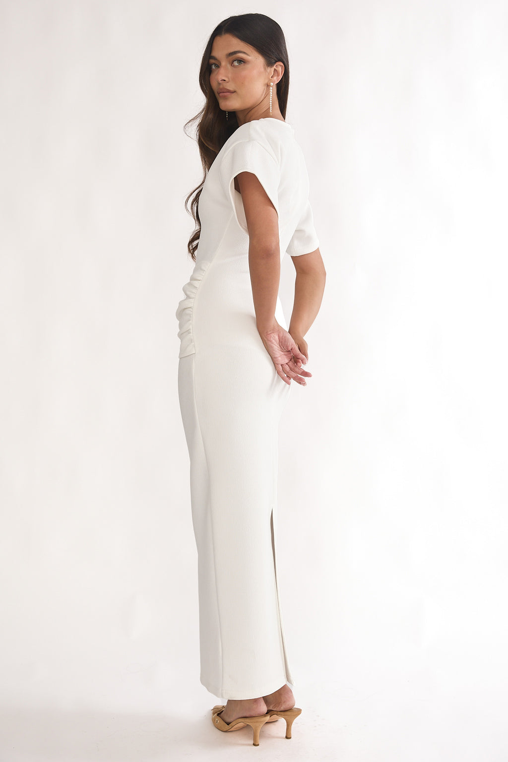 Briona Short Sleeve Buckle Maxi Dress White by Selfie Leslie