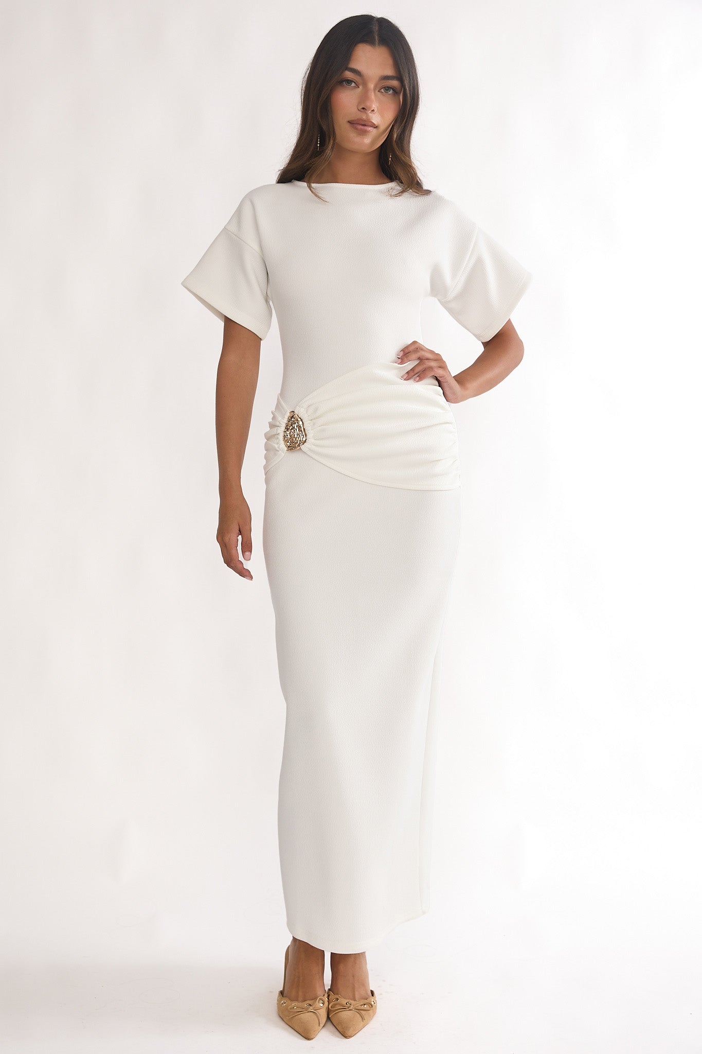 Briona Short Sleeve Buckle Maxi Dress White Briona Short Sleeve Buckle Maxi Dress White
