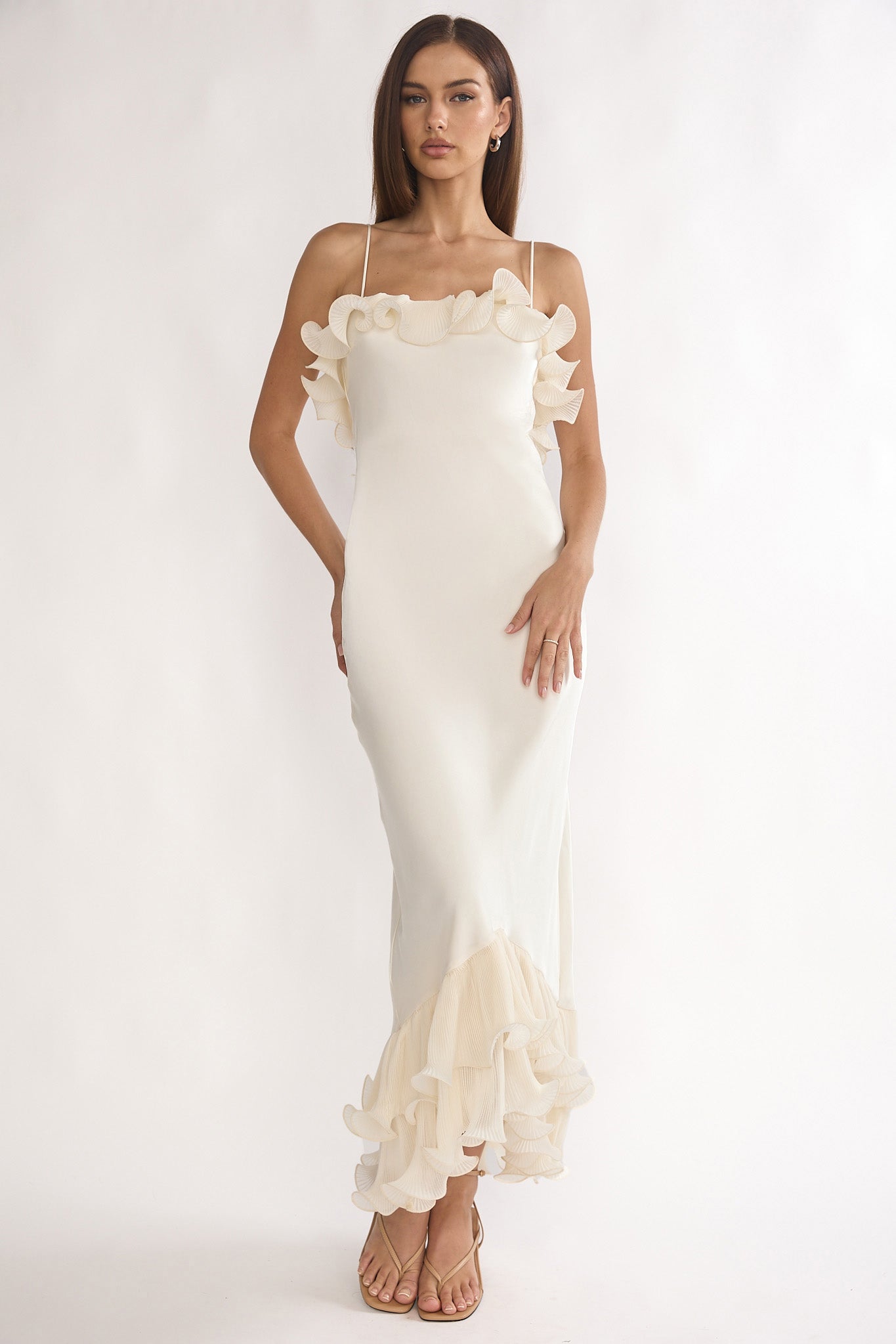 Okay, Cupid Low Back Ruffle Trim Maxi Dress Oyster | Selfie Leslie