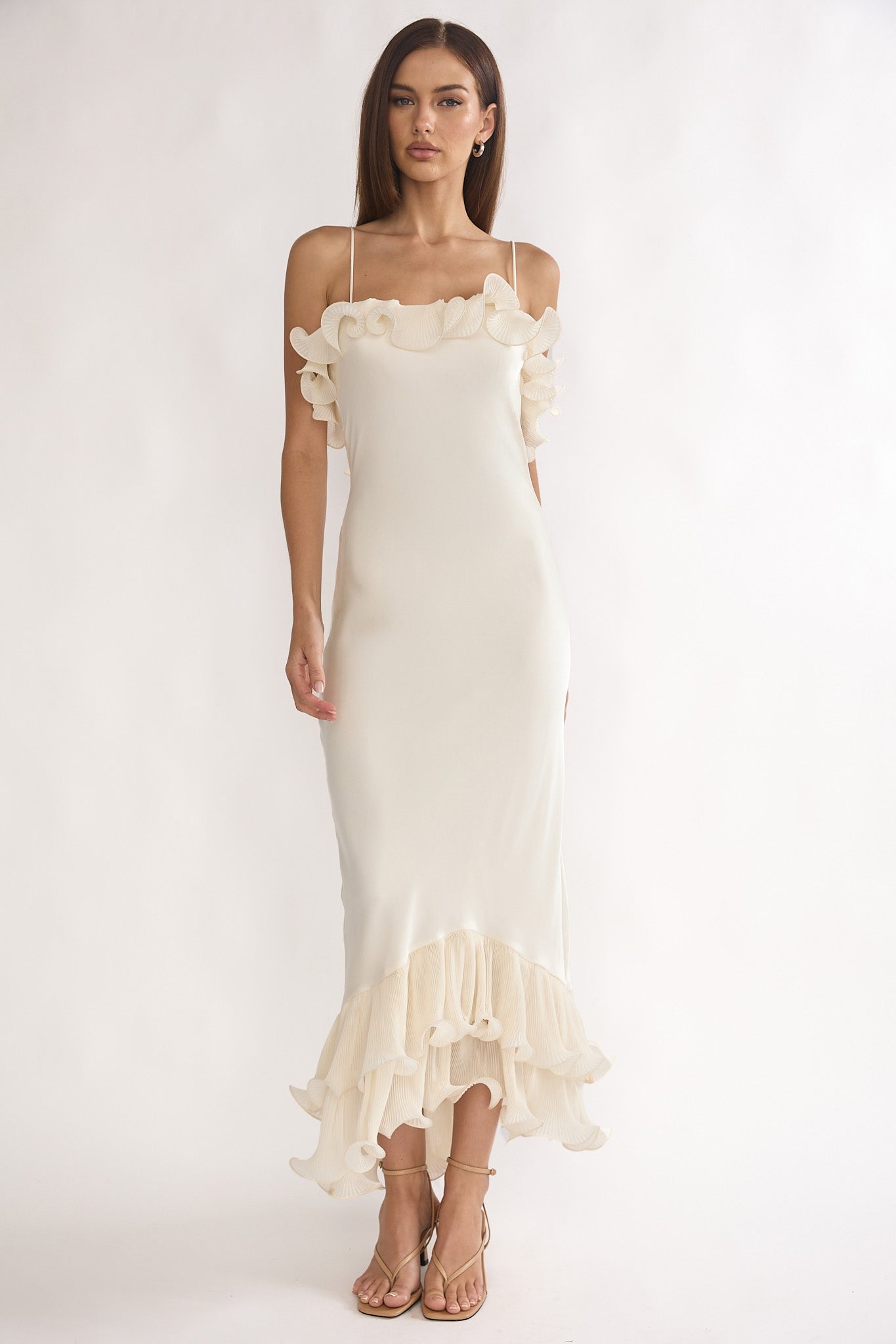 Okay, Cupid Low Back Ruffle Trim Maxi Dress Oyster | Selfie Leslie