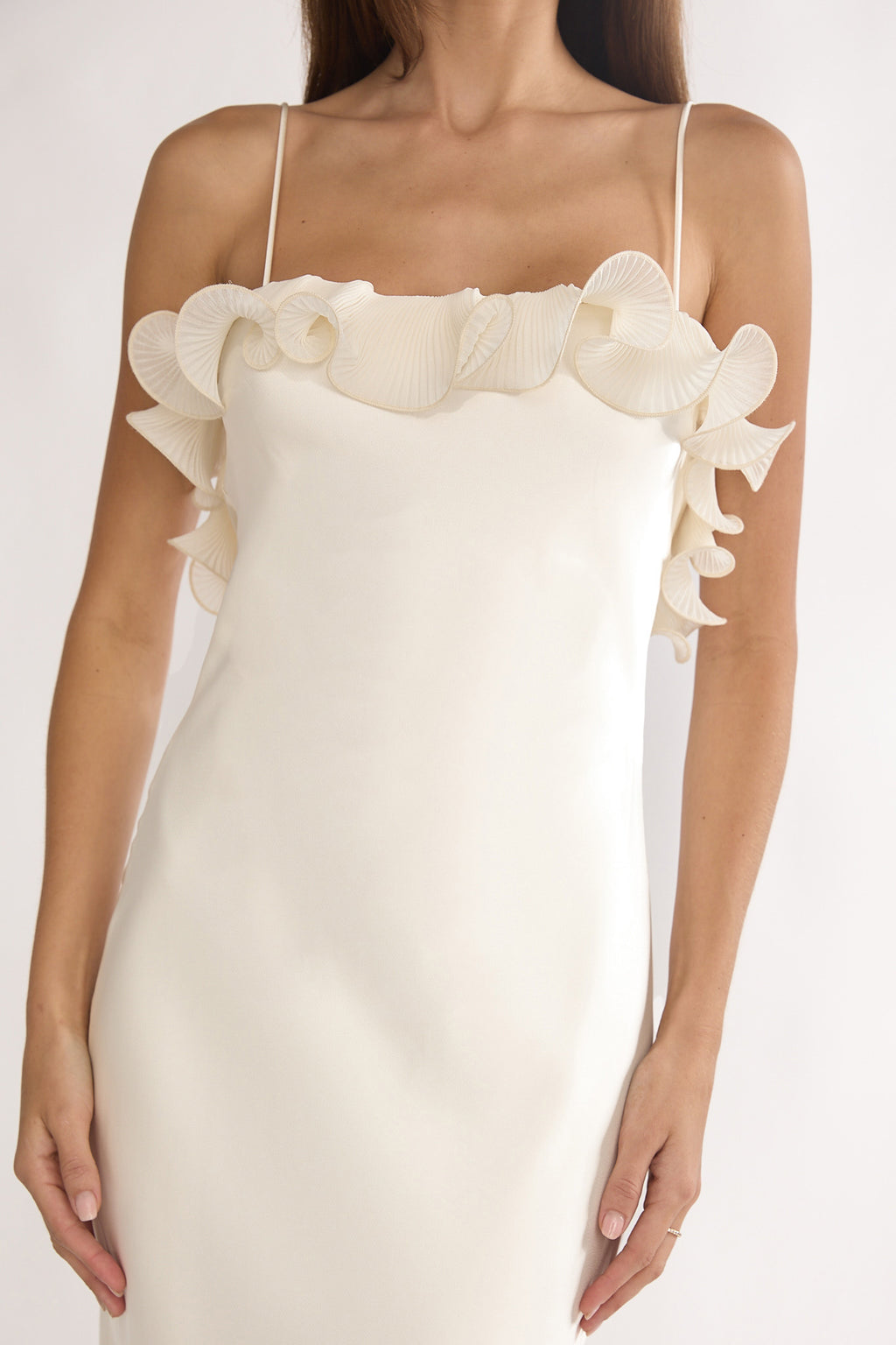 Okay, Cupid Low Back Ruffle Trim Maxi Dress Oyster by Selfie Leslie