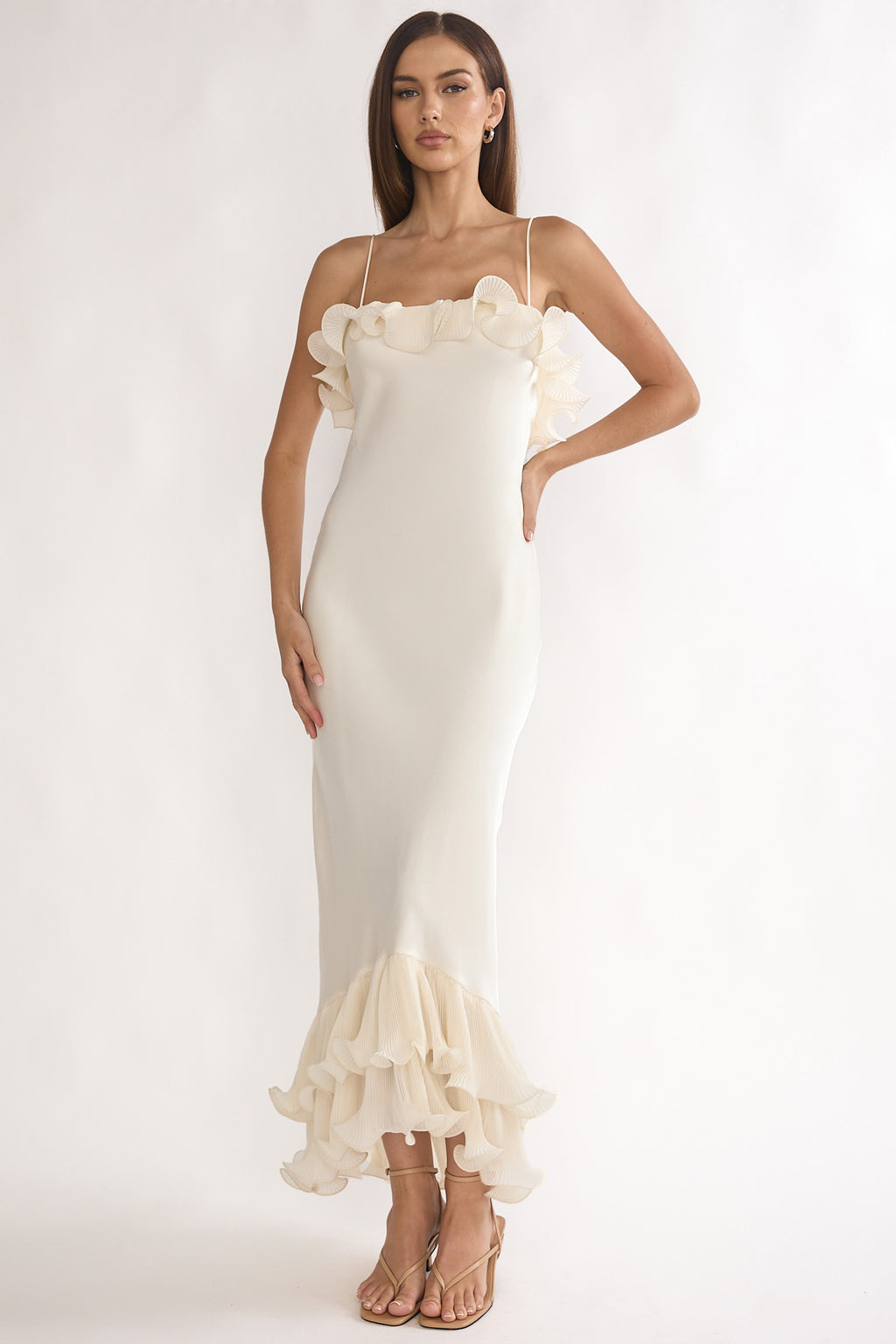Okay, Cupid Low Back Ruffle Trim Maxi Dress Oyster by Selfie Leslie