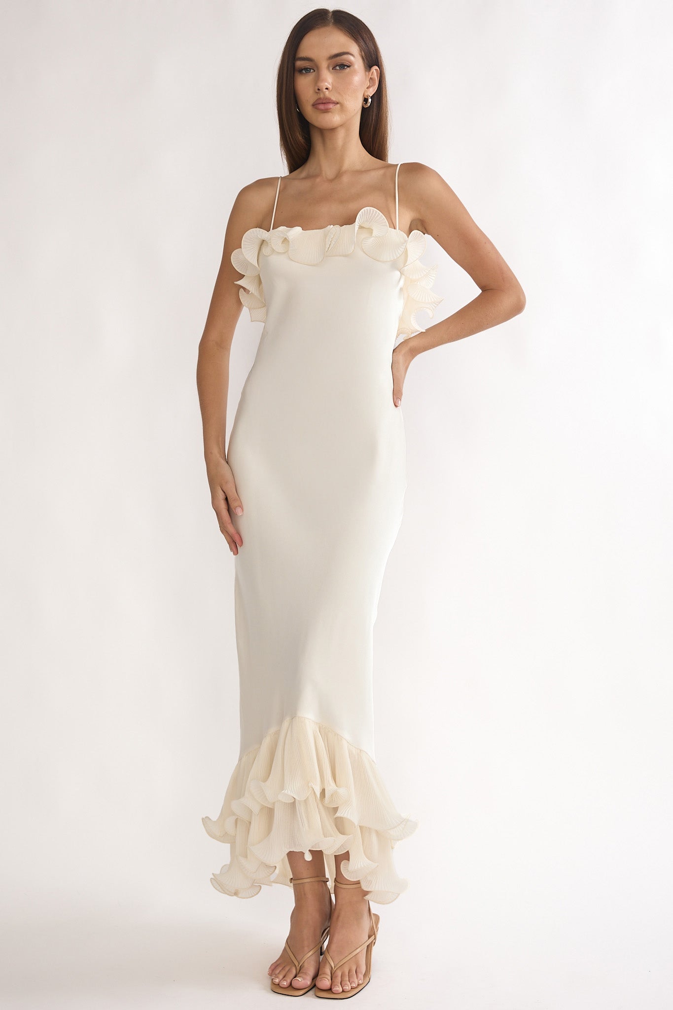 Okay, Cupid Low Back Ruffle Trim Maxi Dress Oyster by Selfie Leslie