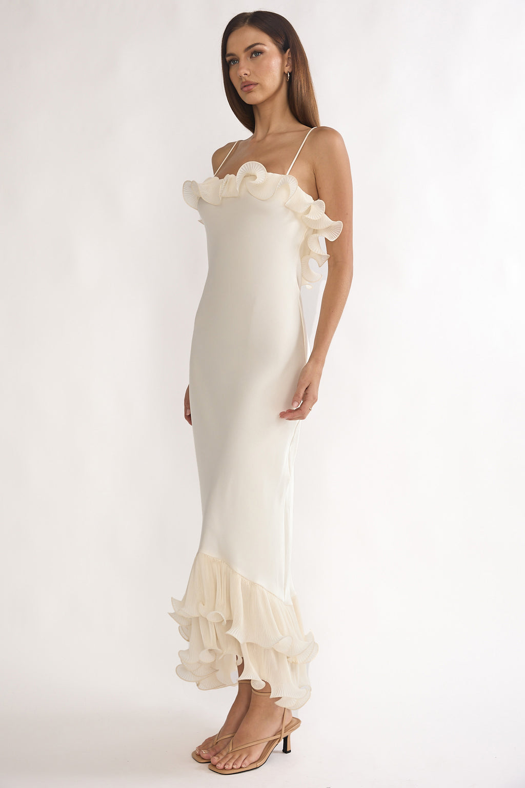 Okay, Cupid Low Back Ruffle Trim Maxi Dress Oyster by Selfie Leslie