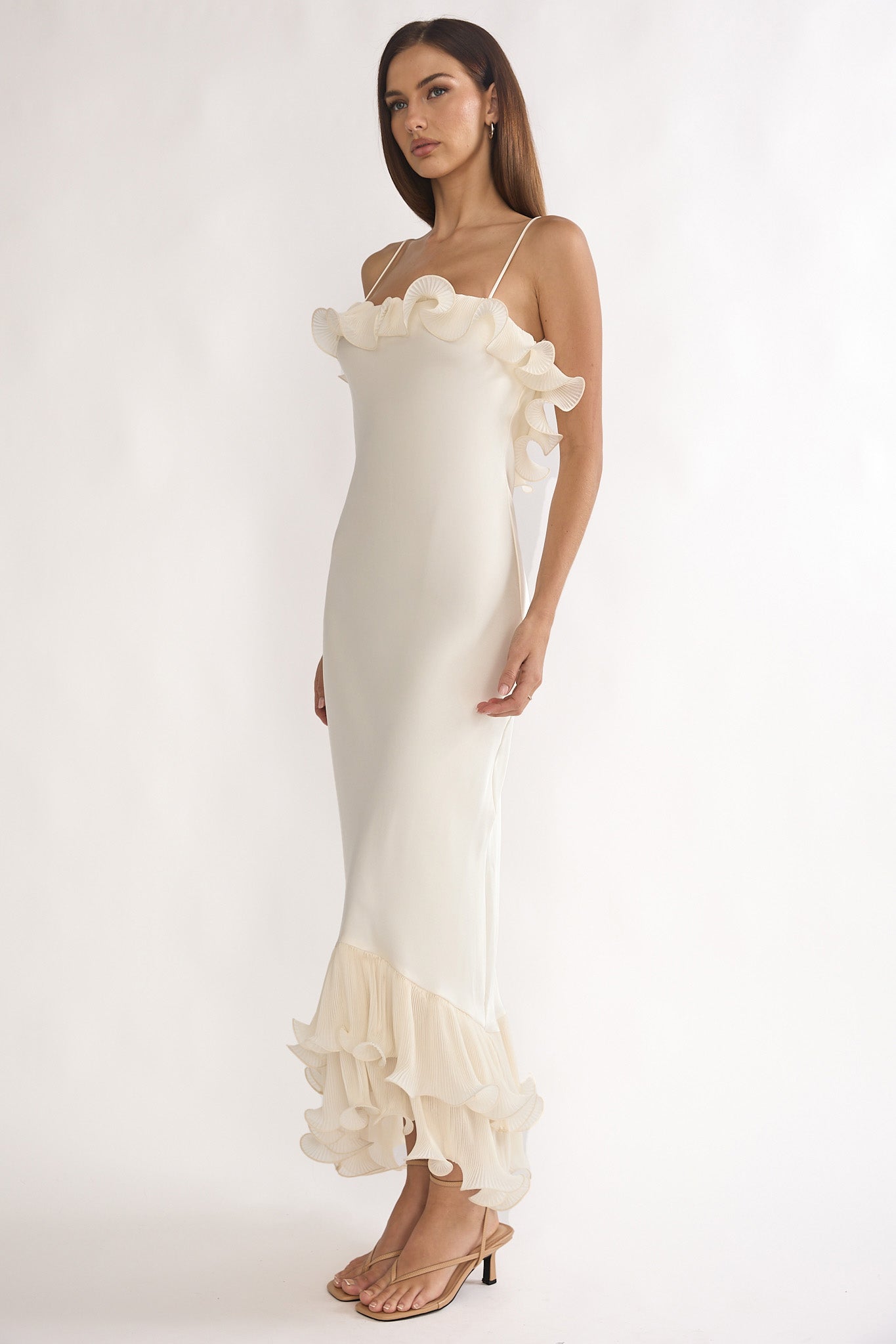Okay, Cupid Low Back Ruffle Trim Maxi Dress Oyster by Selfie Leslie