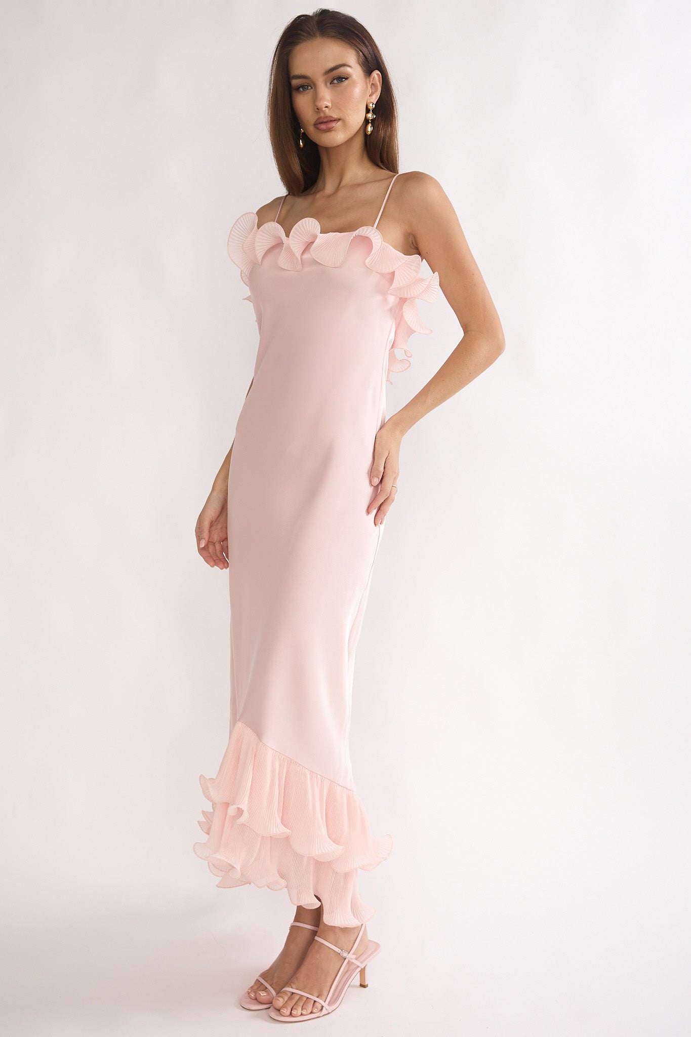 Okay, Cupid Low Back Ruffle Trim Maxi Dress Pink | Selfie Leslie