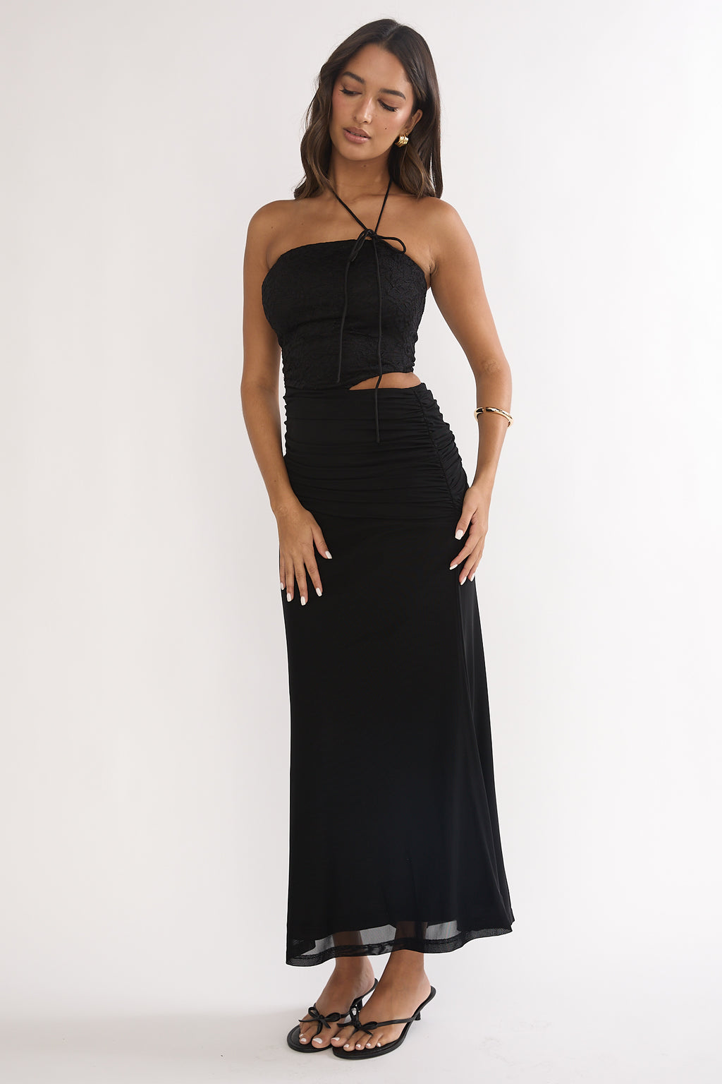 Truths Cut-Out Waist Ruched Maxi Dress Black by Selfie Leslie
