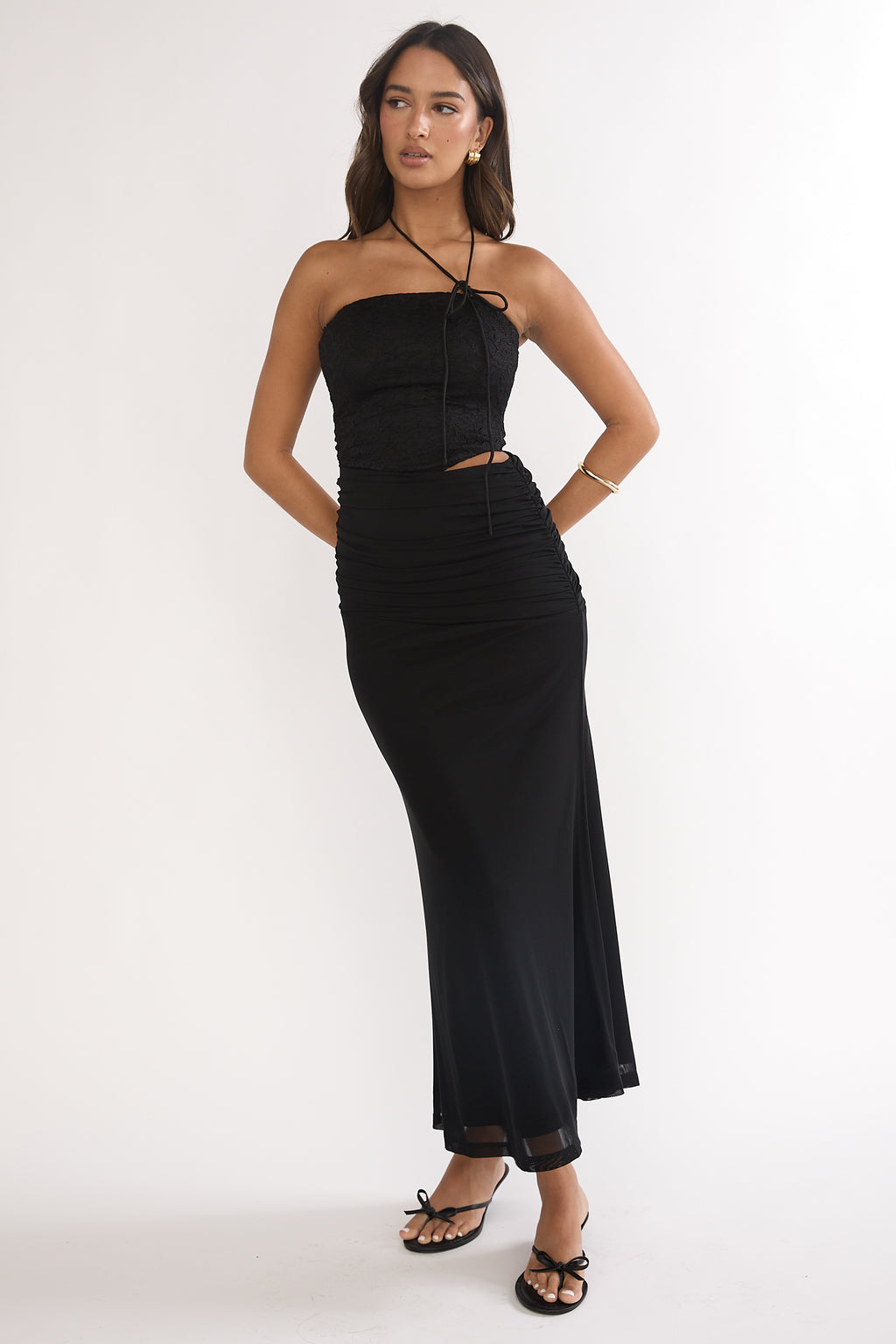 Truths Cut-Out Waist Ruched Maxi Dress Black by Selfie Leslie
