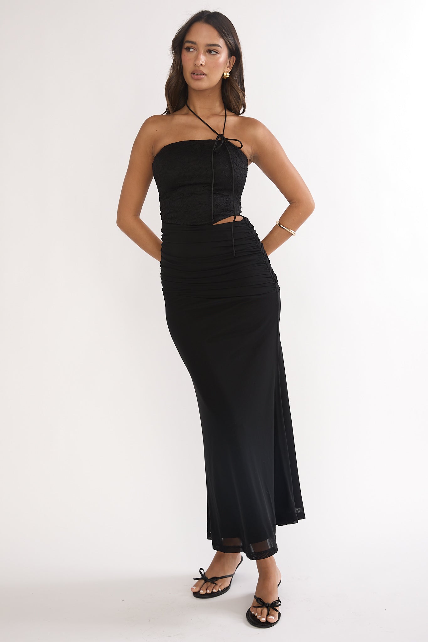 Truths Cut-Out Waist Ruched Maxi Dress Black by Selfie Leslie
