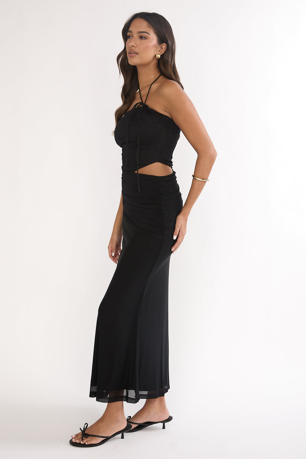 Truths Cut-Out Waist Ruched Maxi Dress Black by Selfie Leslie