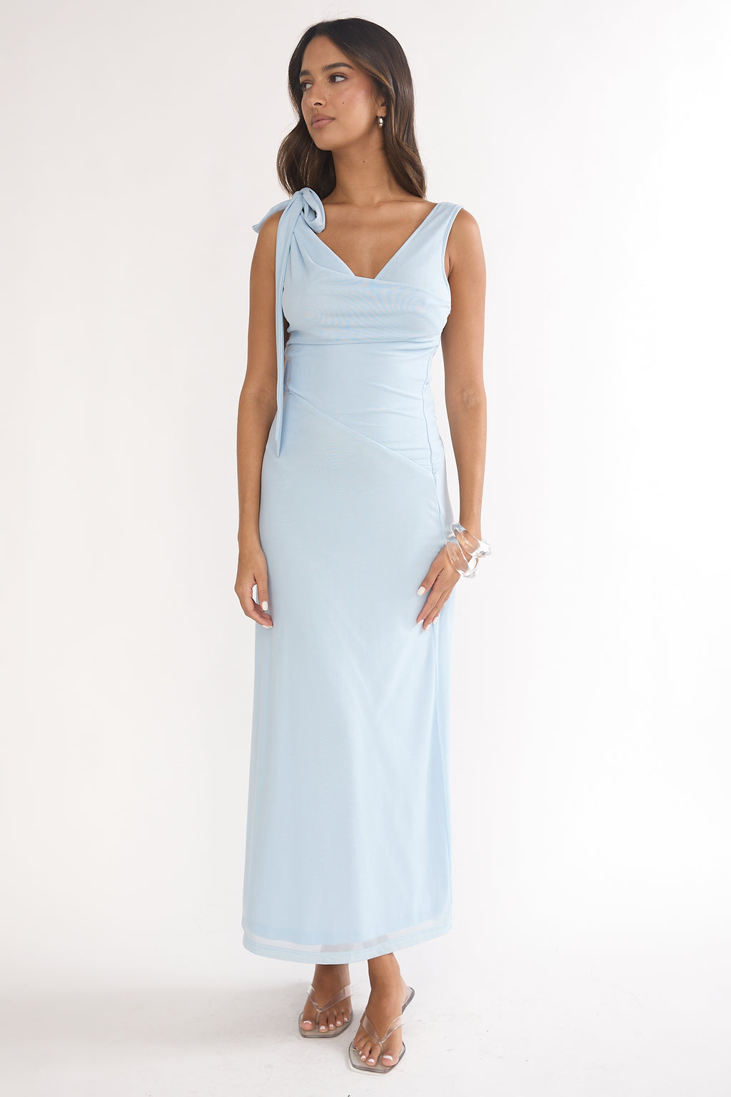 Cavelle Tie Shoulder Mesh Maxi Dress Blue