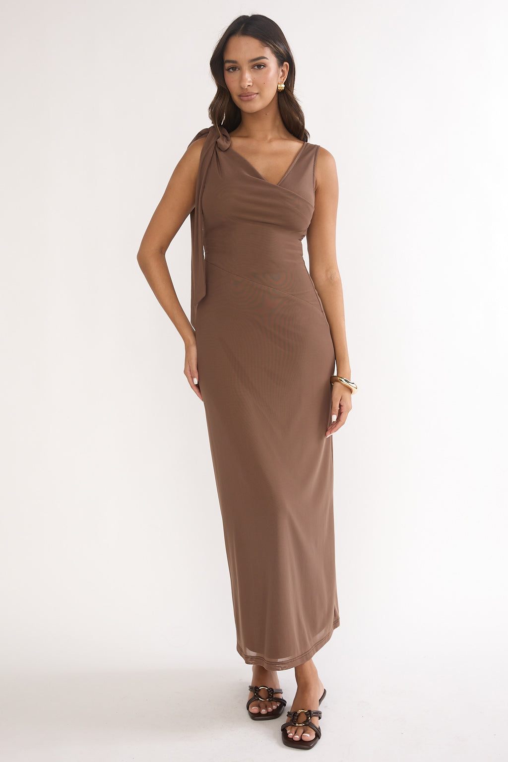 Cavelle Tie Shoulder Mesh Maxi Dress Chocolate by Selfie Leslie