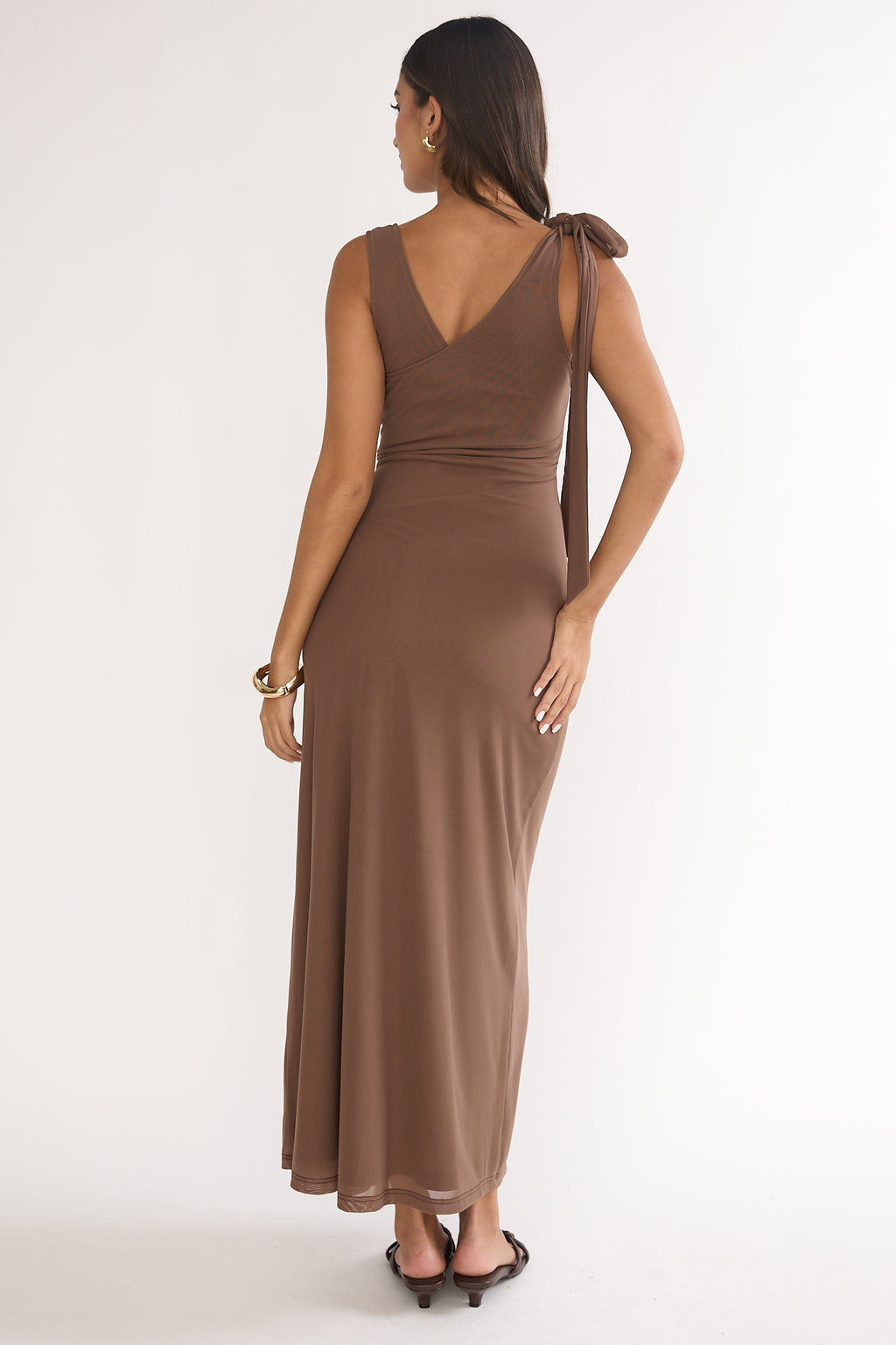 Cavelle Tie Shoulder Mesh Maxi Dress Chocolate by Selfie Leslie