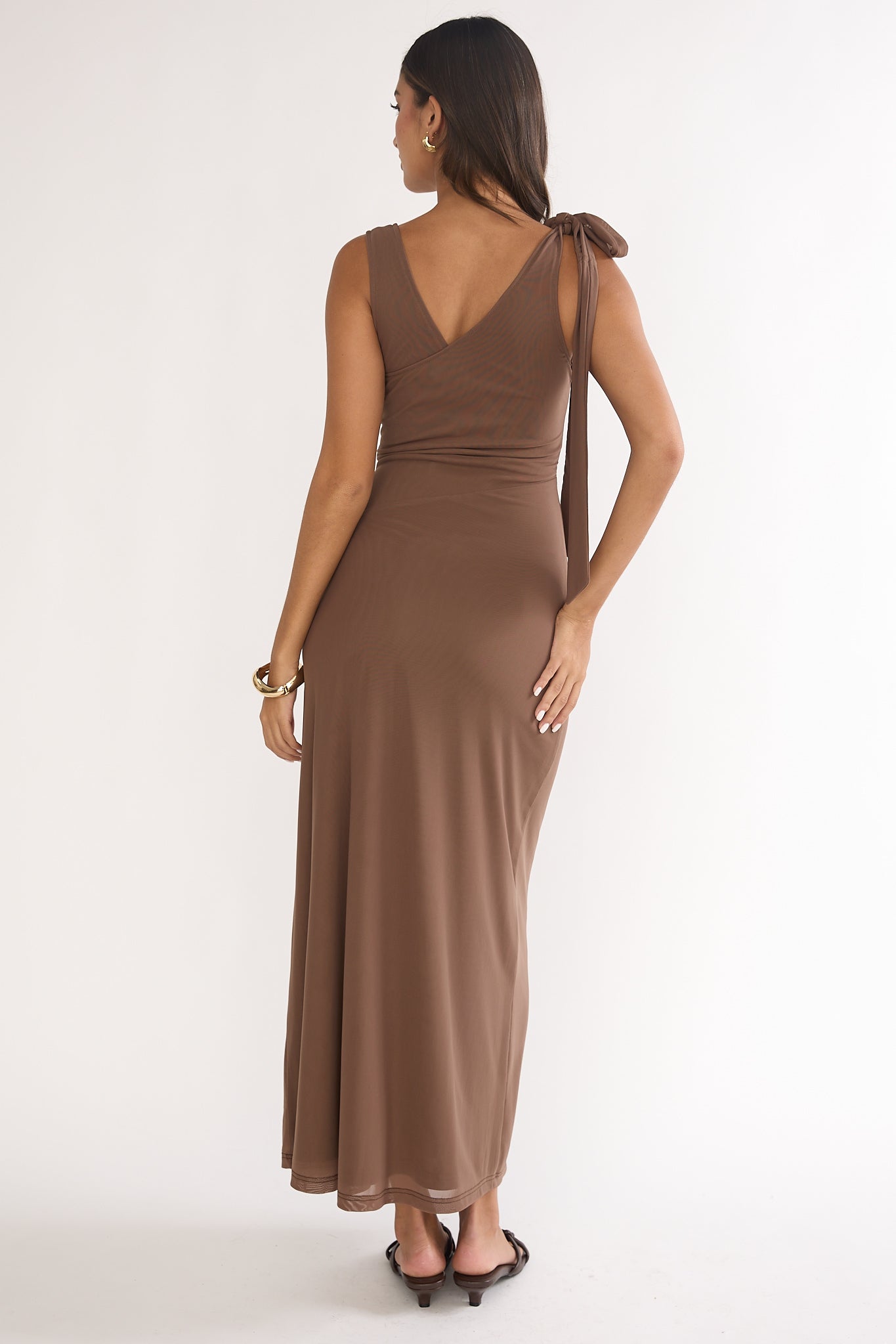 Cavelle Tie Shoulder Mesh Maxi Dress Chocolate by Selfie Leslie