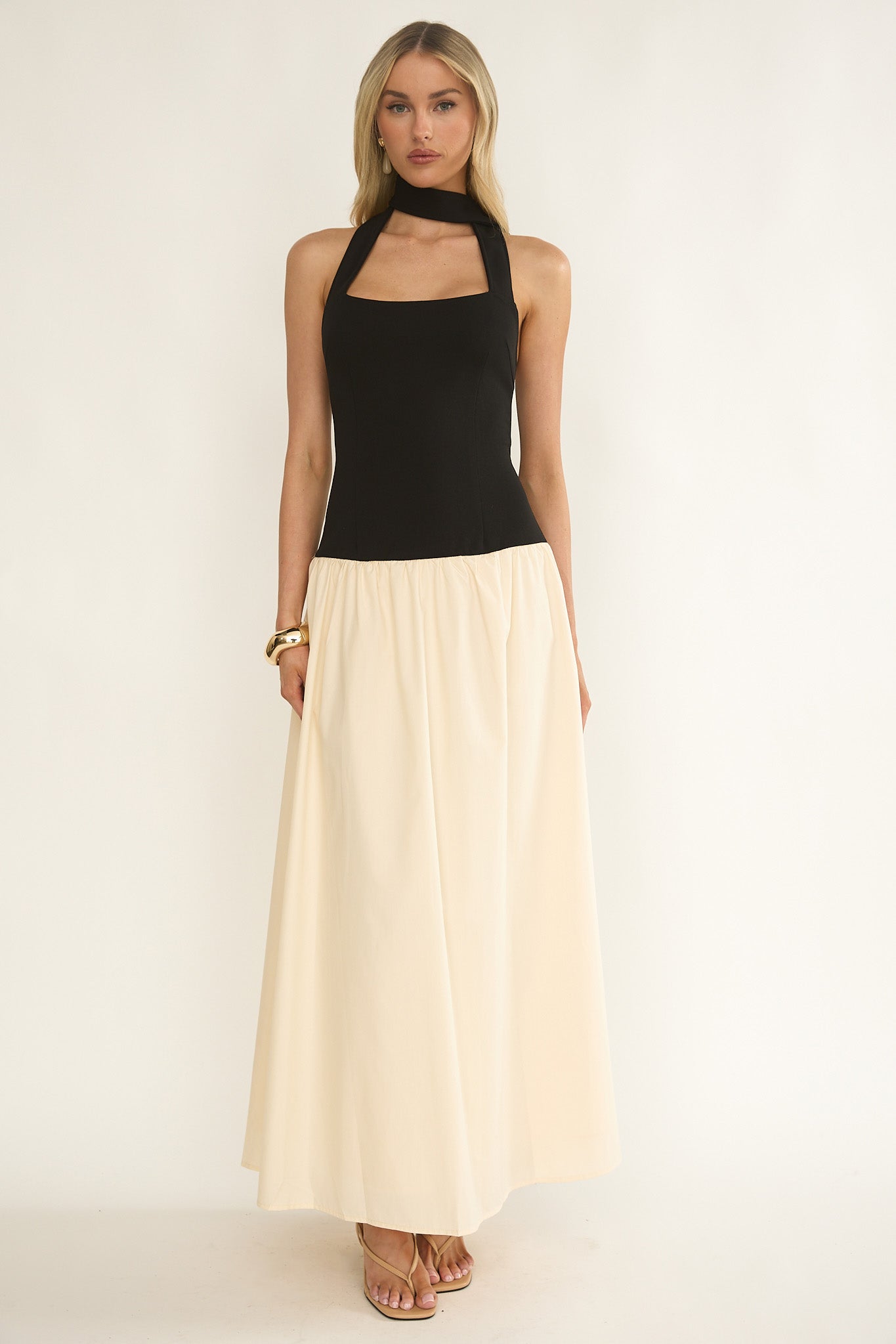 Elery Drop Waist Halter Maxi Dress Black/Cream by Selfie Leslie