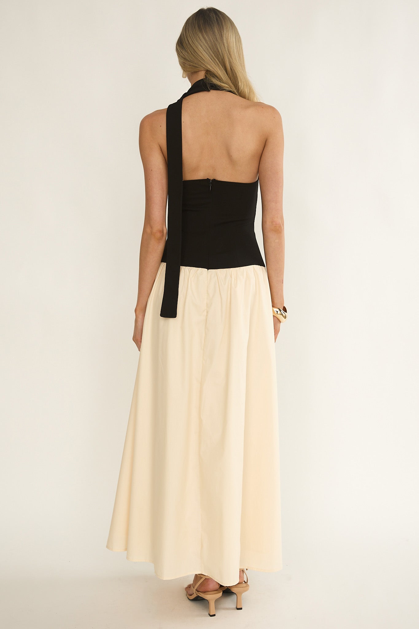 Elery Drop Waist Halter Maxi Dress Black/Cream by Selfie Leslie