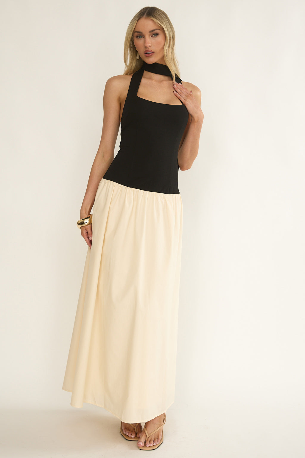 Elery Drop Waist Halter Maxi Dress Black/Cream