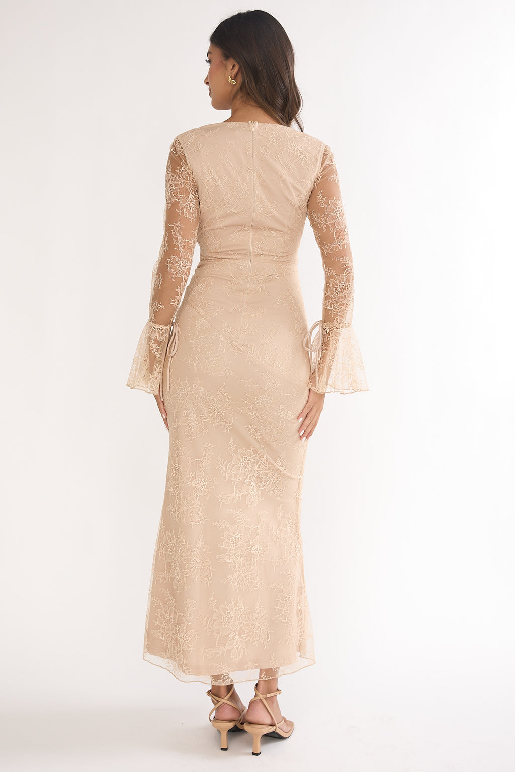 Lysandra Flared Cuff Maxi Dress Lace Beige by Selfie Leslie