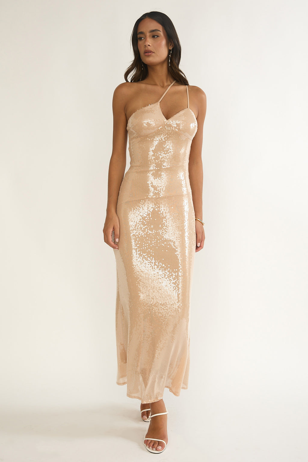 Roselyn One-Shoulder Sequin Maxi Dress Latte by Selfie Leslie