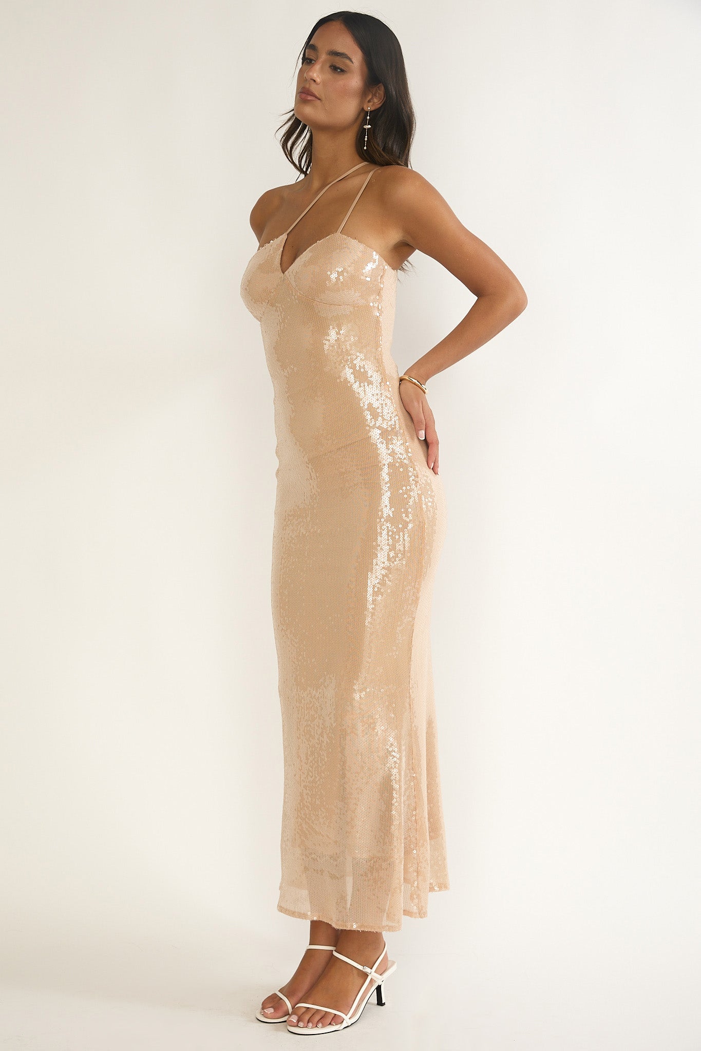 Roselyn One-Shoulder Sequin Maxi Dress Latte by Selfie Leslie