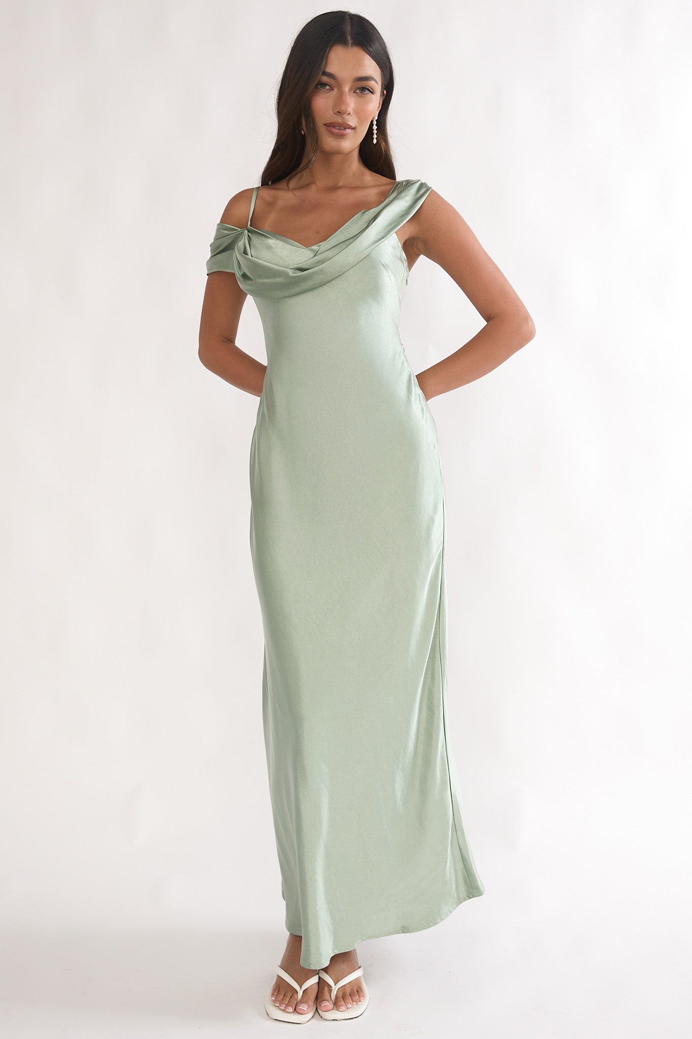 Emelle Asymmetric Neckline Maxi Dress Pistachio by Selfie Leslie