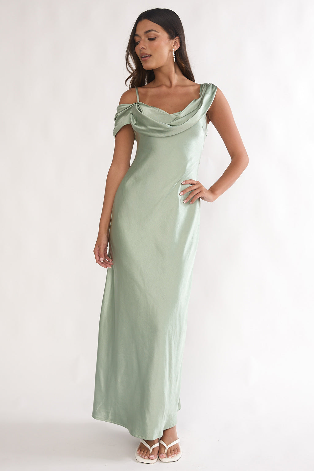 Emelle Asymmetric Neckline Maxi Dress Pistachio by Selfie Leslie