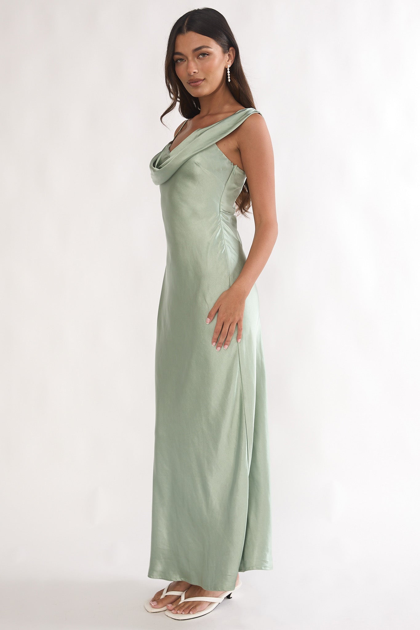 Emelle Asymmetric Neckline Maxi Dress Pistachio | Selfie Leslie