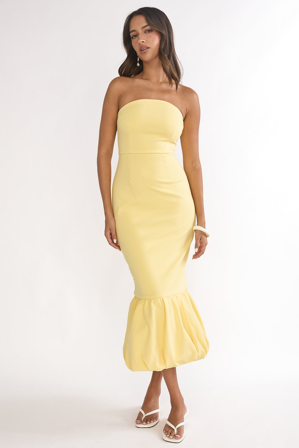 Elira Bubble Hem Strapless Midi Dress Lemon