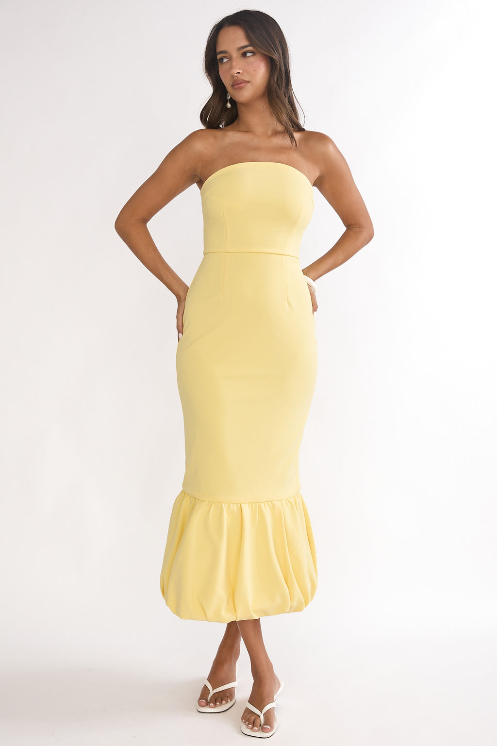 Elira Bubble Hem Strapless Midi Dress Lemon