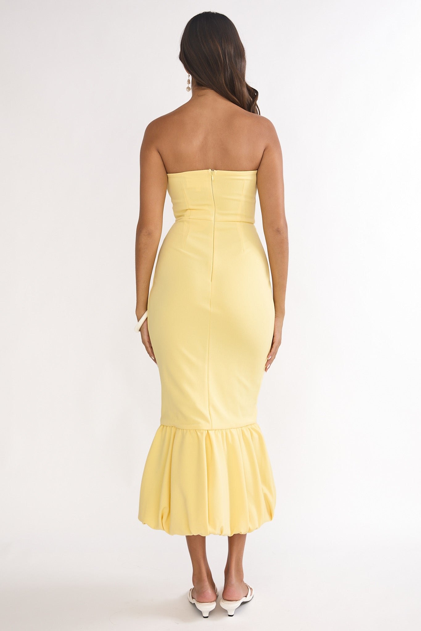 Elira Bubble Hem Strapless Midi Dress Lemon