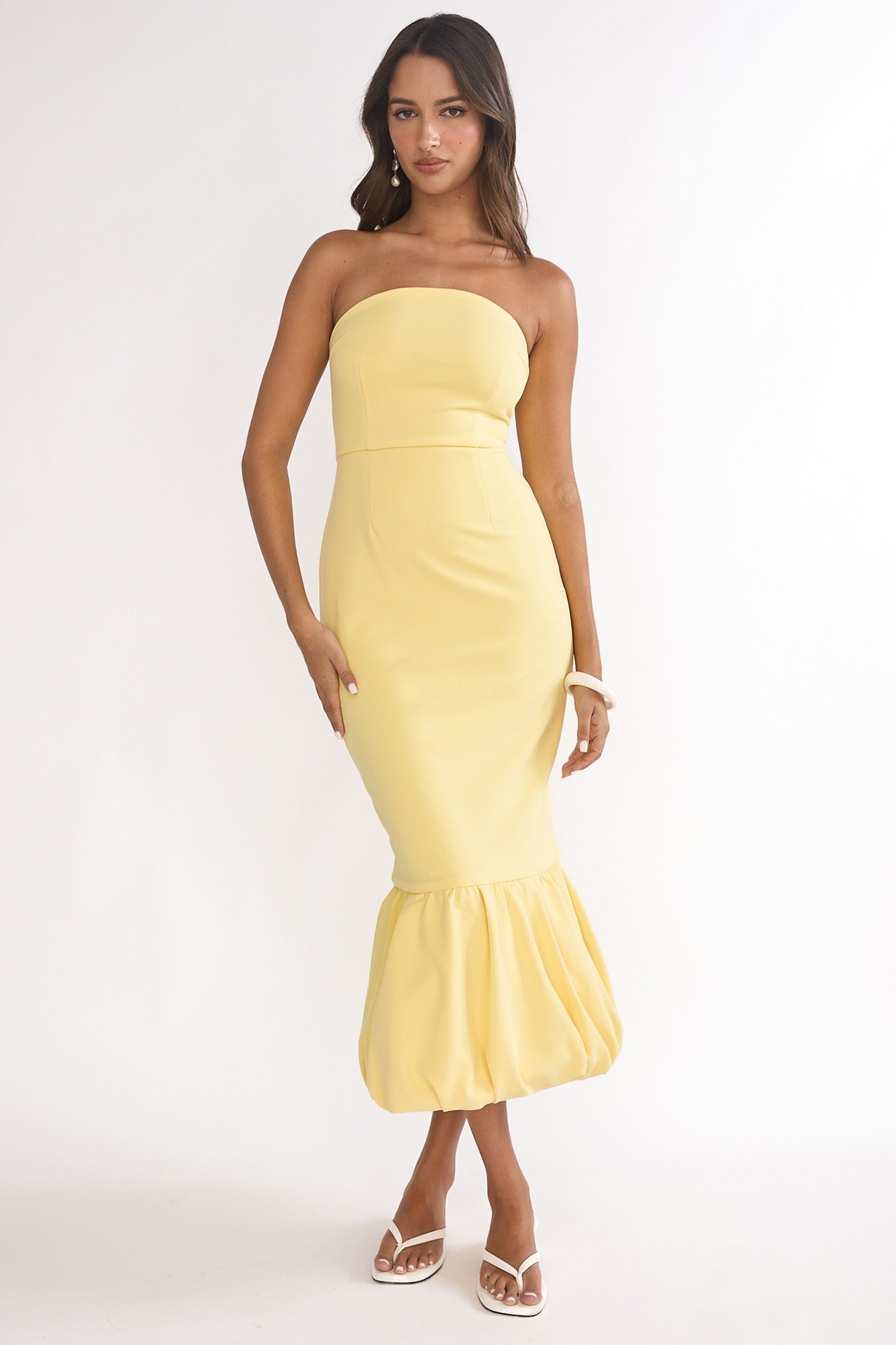Elira Bubble Hem Strapless Midi Dress Lemon