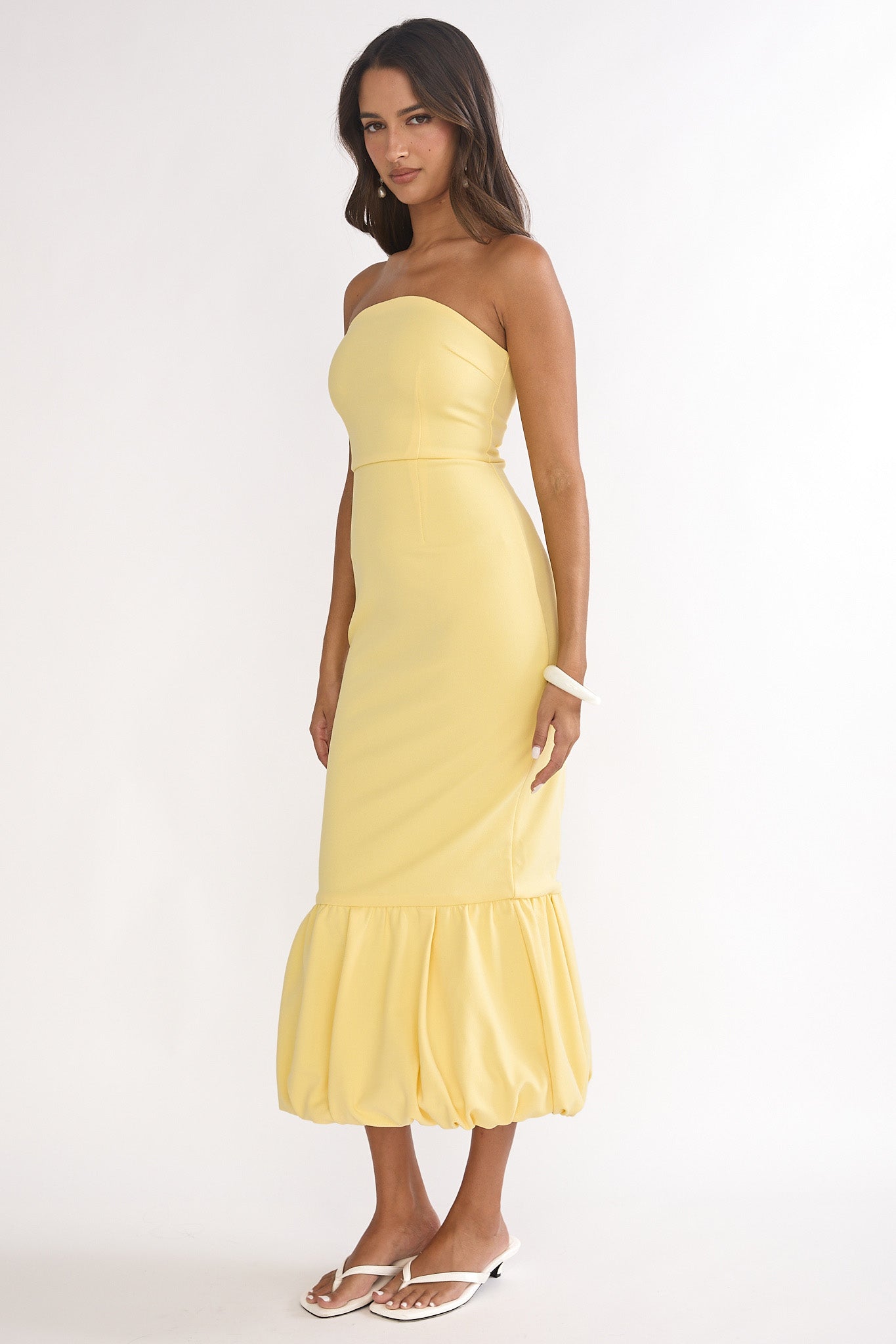 Elira Bubble Hem Strapless Midi Dress Lemon