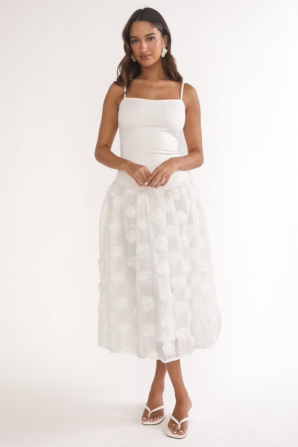 Adley Embellished Drop Waist Midi Dress White - L Adley Embellished Drop Waist Midi Dress White - L