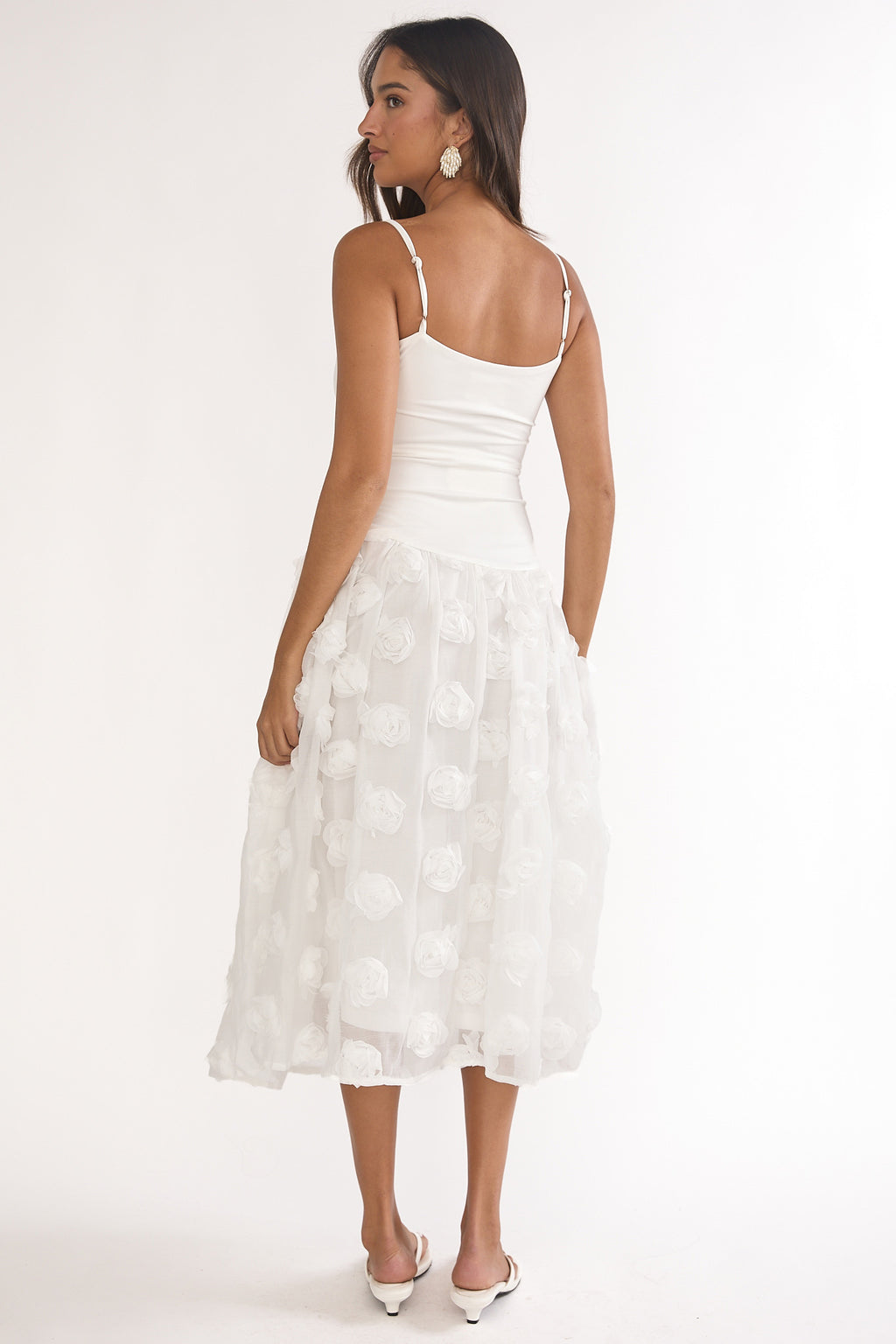 Adley Embellished Drop Waist Midi Dress White by Selfie Leslie