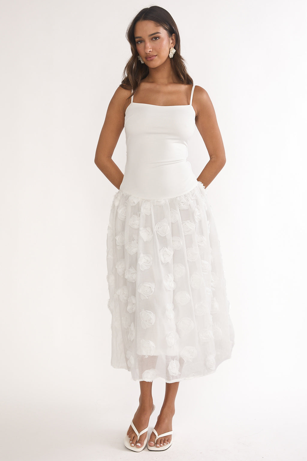 Adley Embellished Drop Waist Midi Dress White by Selfie Leslie